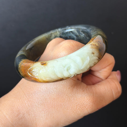 58.2mm Xiu Jade Serpentine Hand Carved Peony Flower Bangle: Natural Green Brown White Jade Handcrafted Bracelet, Stone Carving Gemstone Jewelry  Gift for her wide jade bangle jade carving hand engraved stone carving natural untreated jade bracelet white jade brown jade brown green jade handcrafted jade peony carving flower carving chinese jade vintage bangle antique bracelet sesame bracelet multi colour jade multicolor jade mother day gift