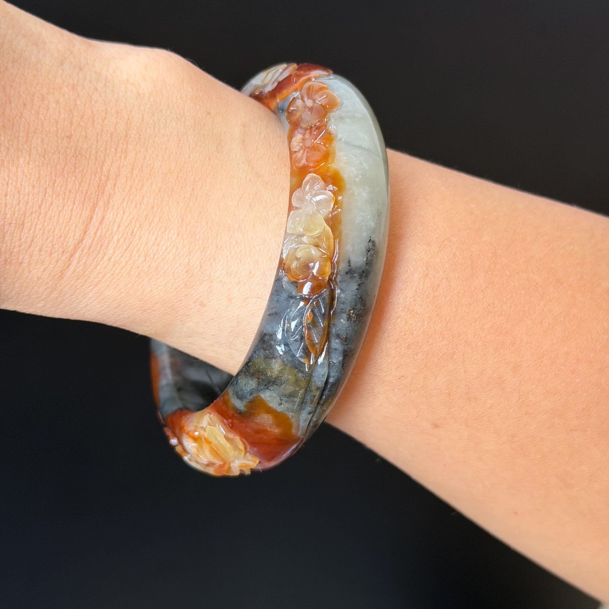 58.3mm Xiu Jade Serpentine Hand Carved Peony Flower Bangle: Natural Multicolor Grey Brown White Jade Handcrafted Bracelet, Stone Carving Gemstone Jewelry Gift for her wide jade bangle jade carving hand engraved stone carving natural untreated jade bracelet white jade brown jade brown black jade handcrafted jade lotus carving flower carving chinese jade vintage bangle antique bracelet sesame bracelet multi colour jade multicolor jade mother day gift peony carving flower carving jade carving