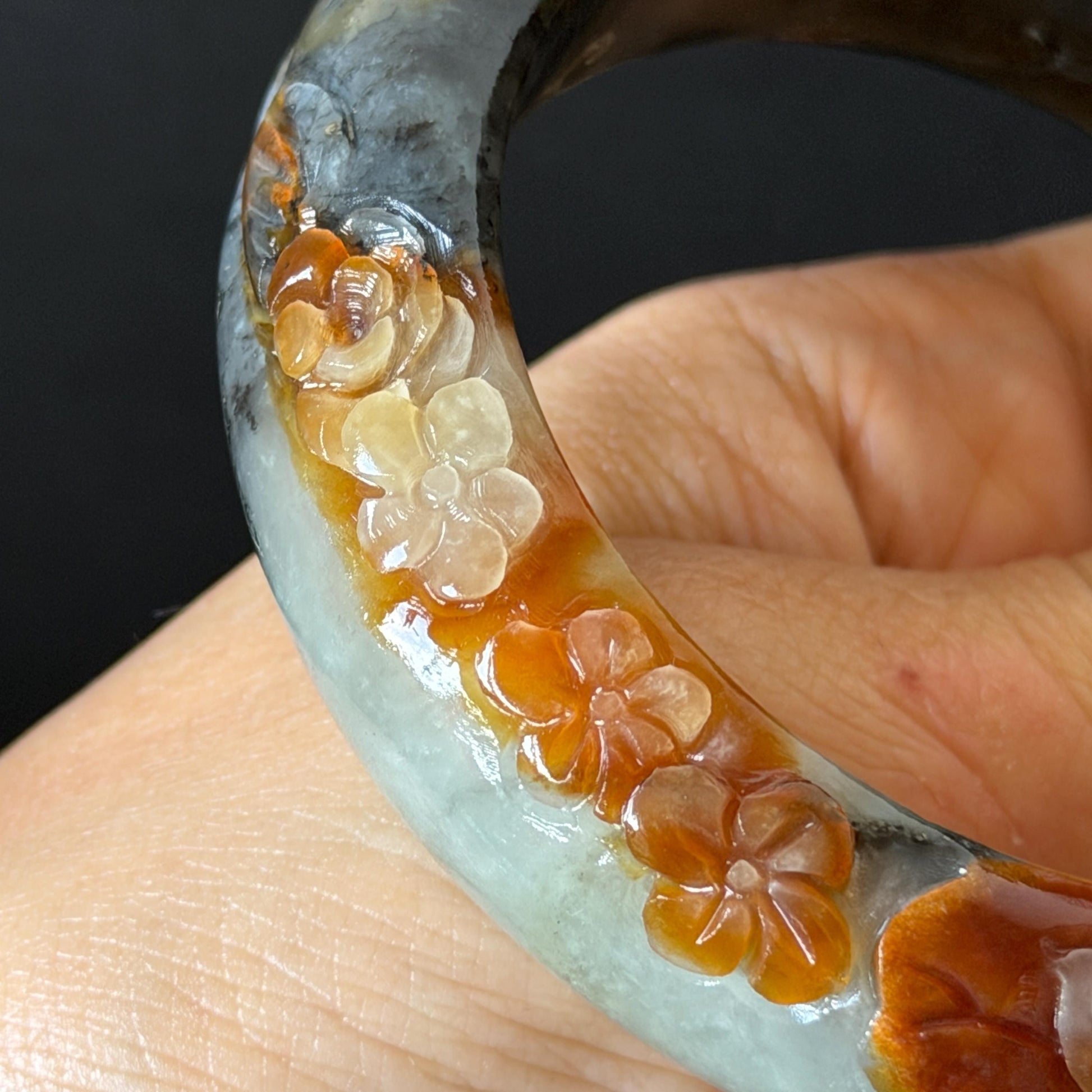 58.3mm Xiu Jade Serpentine Hand Carved Peony Flower Bangle: Natural Multicolor Grey Brown White Jade Handcrafted Bracelet, Stone Carving Gemstone Jewelry Gift for her wide jade bangle jade carving hand engraved stone carving natural untreated jade bracelet white jade brown jade brown black jade handcrafted jade lotus carving flower carving chinese jade vintage bangle antique bracelet sesame bracelet multi colour jade multicolor jade mother day gift peony carving flower carving jade carving