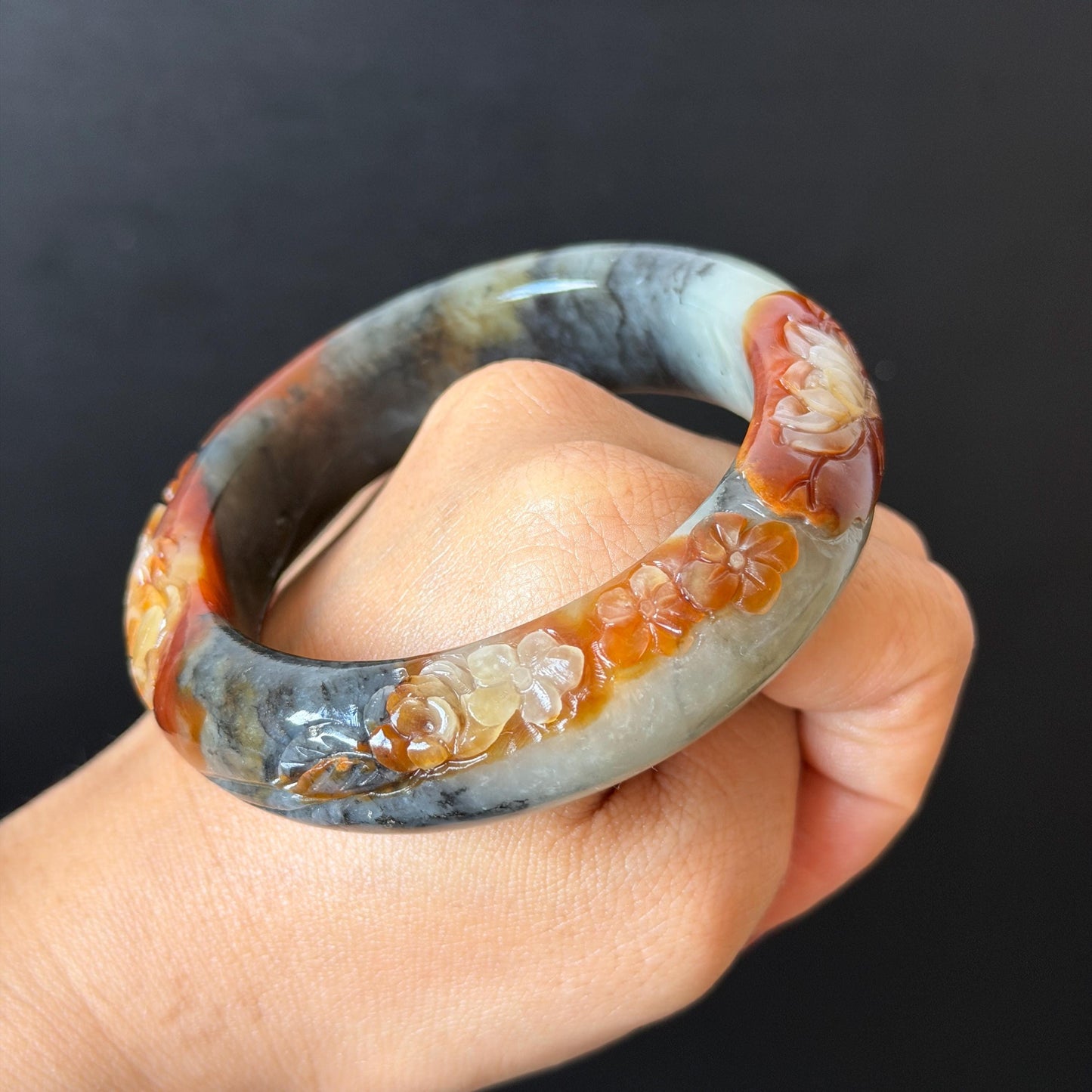 58.3mm Xiu Jade Serpentine Hand Carved Peony Flower Bangle: Natural Multicolor Grey Brown White Jade Handcrafted Bracelet, Stone Carving Gemstone Jewelry Gift for her wide jade bangle jade carving hand engraved stone carving natural untreated jade bracelet white jade brown jade brown black jade handcrafted jade lotus carving flower carving chinese jade vintage bangle antique bracelet sesame bracelet multi colour jade multicolor jade mother day gift peony carving flower carving jade carving