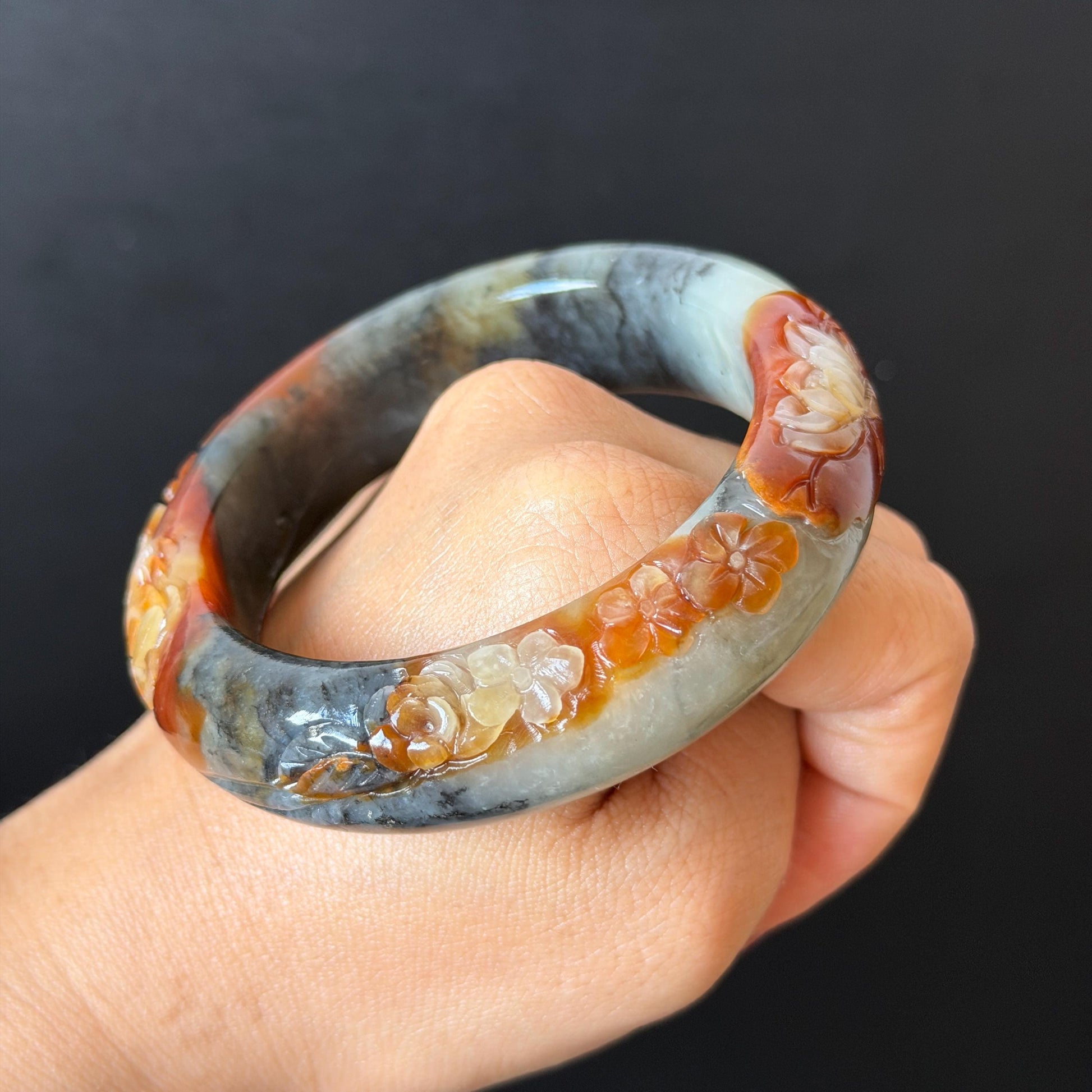 58.3mm Xiu Jade Serpentine Hand Carved Peony Flower Bangle: Natural Multicolor Grey Brown White Jade Handcrafted Bracelet, Stone Carving Gemstone Jewelry Gift for her wide jade bangle jade carving hand engraved stone carving natural untreated jade bracelet white jade brown jade brown black jade handcrafted jade lotus carving flower carving chinese jade vintage bangle antique bracelet sesame bracelet multi colour jade multicolor jade mother day gift peony carving flower carving jade carving