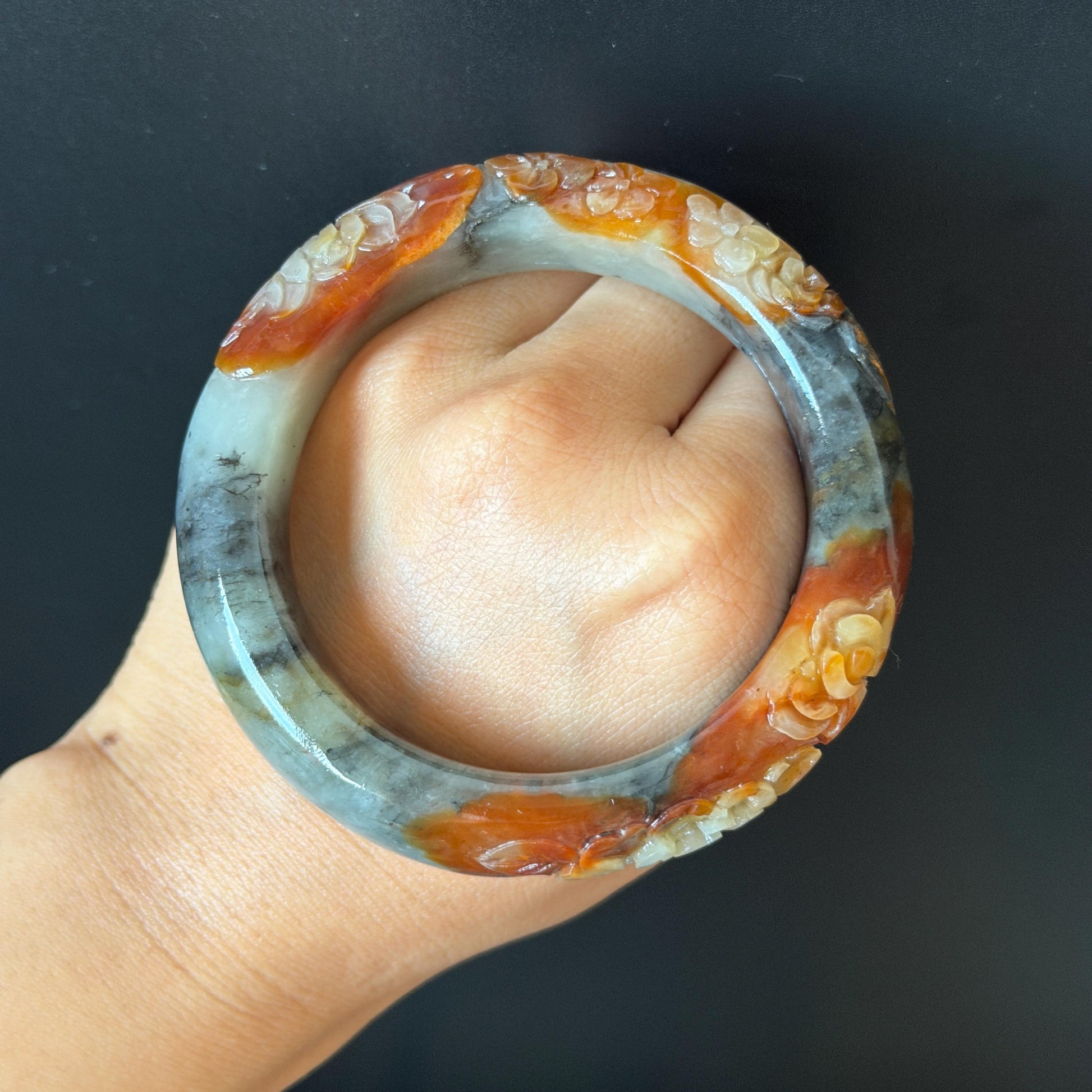 58.3mm Xiu Jade Serpentine Hand Carved Peony Flower Bangle: Natural Multicolor Grey Brown White Jade Handcrafted Bracelet, Stone Carving Gemstone Jewelry Gift for her wide jade bangle jade carving hand engraved stone carving natural untreated jade bracelet white jade brown jade brown black jade handcrafted jade lotus carving flower carving chinese jade vintage bangle antique bracelet sesame bracelet multi colour jade multicolor jade mother day gift peony carving flower carving jade carving