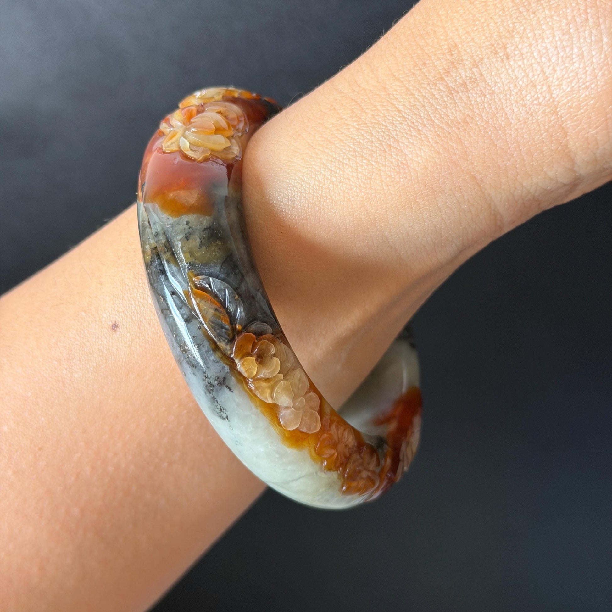 58.3mm Xiu Jade Serpentine Hand Carved Peony Flower Bangle: Natural Multicolor Grey Brown White Jade Handcrafted Bracelet, Stone Carving Gemstone Jewelry Gift for her wide jade bangle jade carving hand engraved stone carving natural untreated jade bracelet white jade brown jade brown black jade handcrafted jade lotus carving flower carving chinese jade vintage bangle antique bracelet sesame bracelet multi colour jade multicolor jade mother day gift peony carving flower carving jade carving