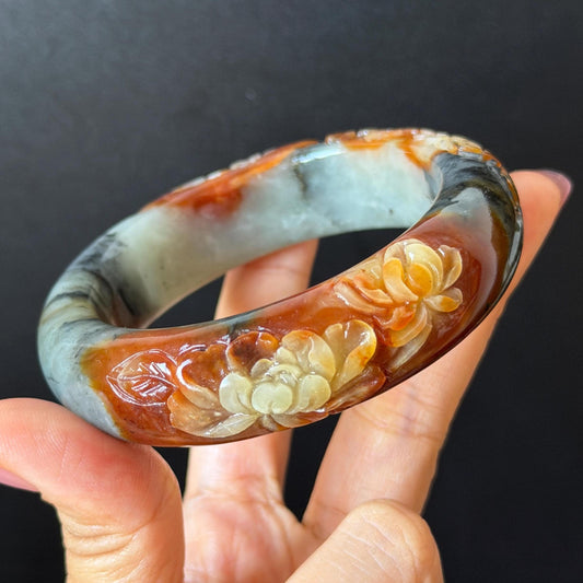 58.3mm Xiu Jade Serpentine Hand Carved Peony Flower Bangle: Natural Multicolor Grey Brown White Jade Handcrafted Bracelet, Stone Carving Gemstone Jewelry Gift for her wide jade bangle jade carving hand engraved stone carving natural untreated jade bracelet white jade brown jade brown black jade handcrafted jade lotus carving flower carving chinese jade vintage bangle antique bracelet sesame bracelet multi colour jade multicolor jade mother day gift peony carving flower carving jade carving