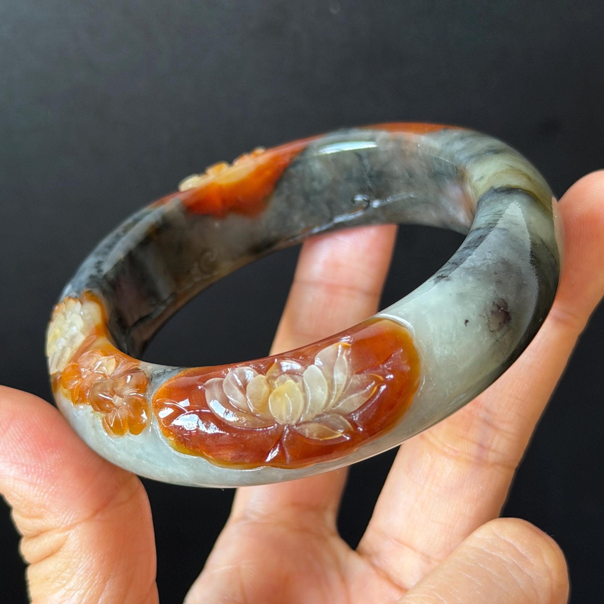 58.3mm Xiu Jade Serpentine Hand Carved Peony Flower Bangle: Natural Multicolor Grey Brown White Jade Handcrafted Bracelet, Stone Carving Gemstone Jewelry Gift for her wide jade bangle jade carving hand engraved stone carving natural untreated jade bracelet white jade brown jade brown black jade handcrafted jade lotus carving flower carving chinese jade vintage bangle antique bracelet sesame bracelet multi colour jade multicolor jade mother day gift peony carving flower carving jade carving