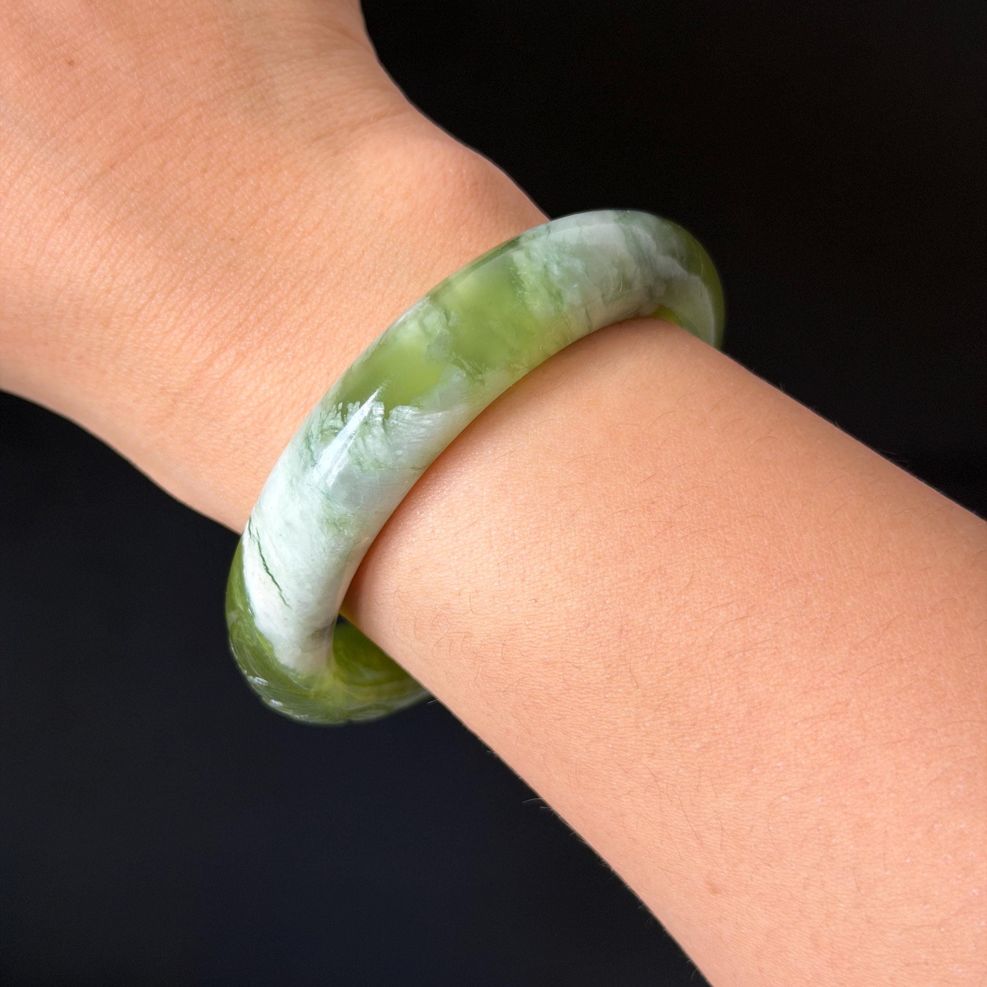55.3mm Xiu Jade Serpentine Hand Carved Lotus Flowers Bangle: Natural White Green Jade Handcrafted Bracelet, Stone Carving Gemstone Jewelry  Gift for her wide jade bangle jade carving hand engraved stone carving natural untreated jade bracelet white jade green jade handcrafted jade lotus carving flower carving chinese jade vintage bangle antique bracelet sesame bracelet multi colour jade mother day gift green tea latte