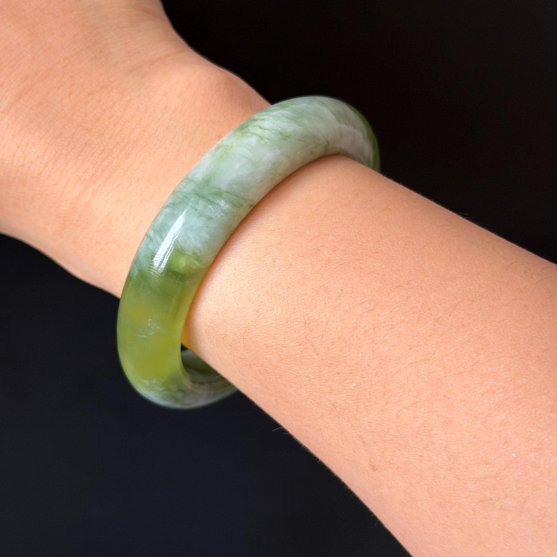 55.3mm Xiu Jade Serpentine Hand Carved Lotus Flowers Bangle: Natural White Green Jade Handcrafted Bracelet, Stone Carving Gemstone Jewelry  Gift for her wide jade bangle jade carving hand engraved stone carving natural untreated jade bracelet white jade green jade handcrafted jade lotus carving flower carving chinese jade vintage bangle antique bracelet sesame bracelet multi colour jade mother day gift green tea latte