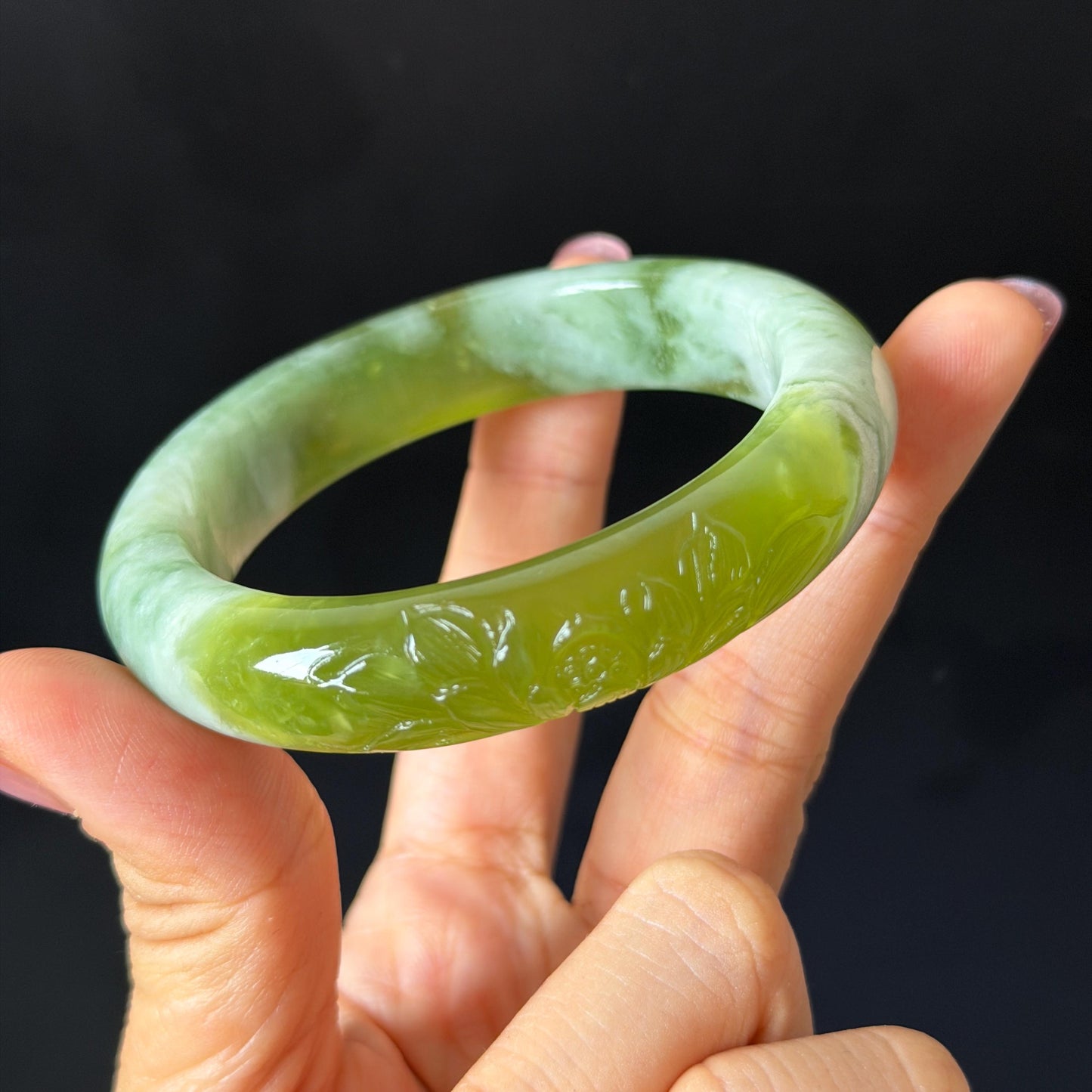 55.3mm Xiu Jade Serpentine Hand Carved Lotus Flowers Bangle: Natural White Green Jade Handcrafted Bracelet, Stone Carving Gemstone Jewelry  Gift for her wide jade bangle jade carving hand engraved stone carving natural untreated jade bracelet white jade green jade handcrafted jade lotus carving flower carving chinese jade vintage bangle antique bracelet sesame bracelet multi colour jade mother day gift green tea latte