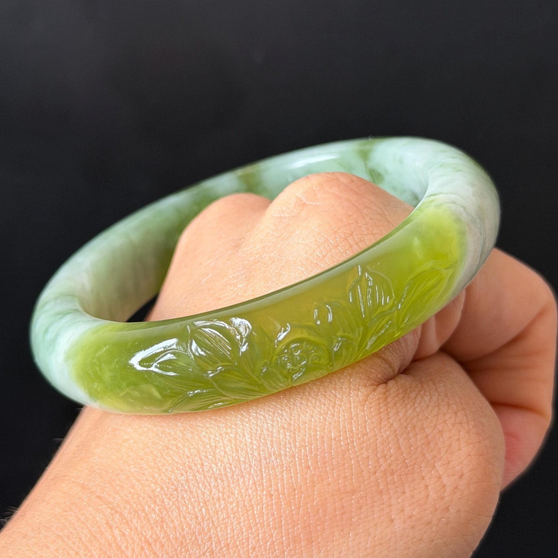 55.3mm Xiu Jade Serpentine Hand Carved Lotus Flowers Bangle: Natural White Green Jade Handcrafted Bracelet, Stone Carving Gemstone Jewelry  Gift for her wide jade bangle jade carving hand engraved stone carving natural untreated jade bracelet white jade green jade handcrafted jade lotus carving flower carving chinese jade vintage bangle antique bracelet sesame bracelet multi colour jade mother day gift green tea latte