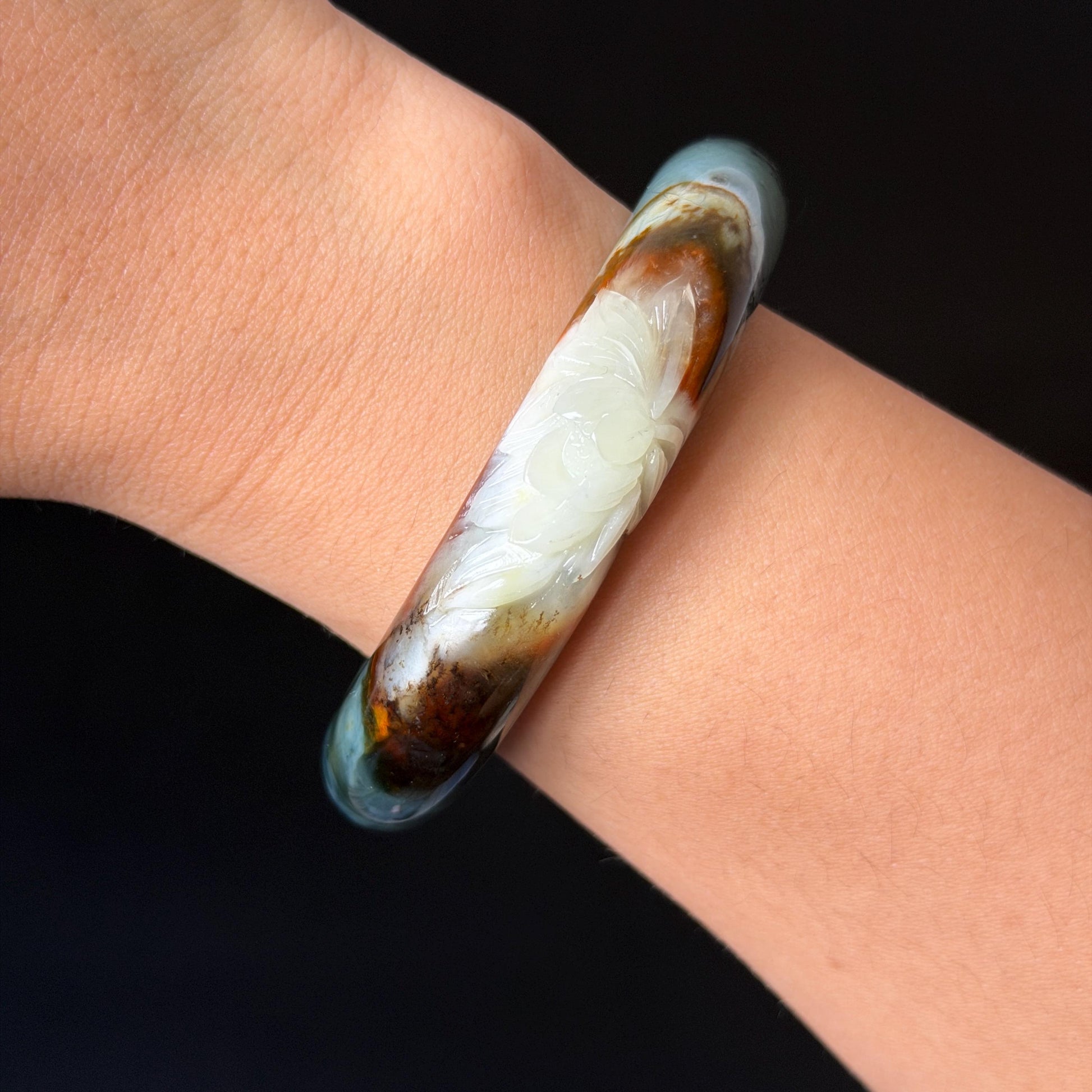 54.8mm Xiu Jade Serpentine Hand Carved Lotus Flower Bangle: Natural Blue Brown White Jade Handcrafted Bracelet, Stone Carving Gemstone Jewelry  Gift for her wide jade bangle jade carving hand engraved stone carving natural untreated jade bracelet white jade brown jade brown blue jade handcrafted jade lotus carving flower carving chinese jade vintage bangle antique bracelet sesame bracelet multi colour jade multicolor jade mother day gift