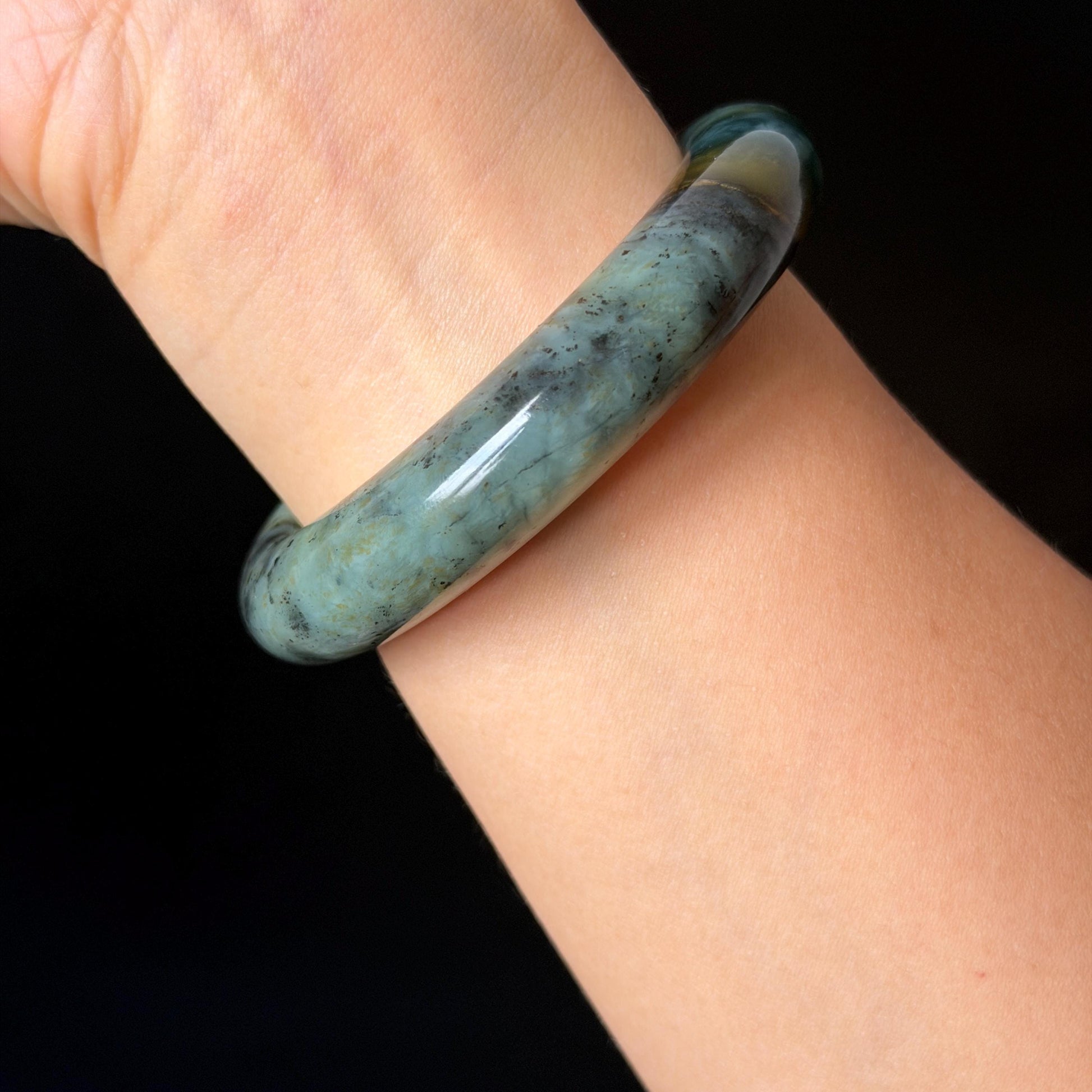 54.8mm Xiu Jade Serpentine Hand Carved Lotus Flower Bangle: Natural Blue Brown White Jade Handcrafted Bracelet, Stone Carving Gemstone Jewelry  Gift for her wide jade bangle jade carving hand engraved stone carving natural untreated jade bracelet white jade brown jade brown blue jade handcrafted jade lotus carving flower carving chinese jade vintage bangle antique bracelet sesame bracelet multi colour jade multicolor jade mother day gift