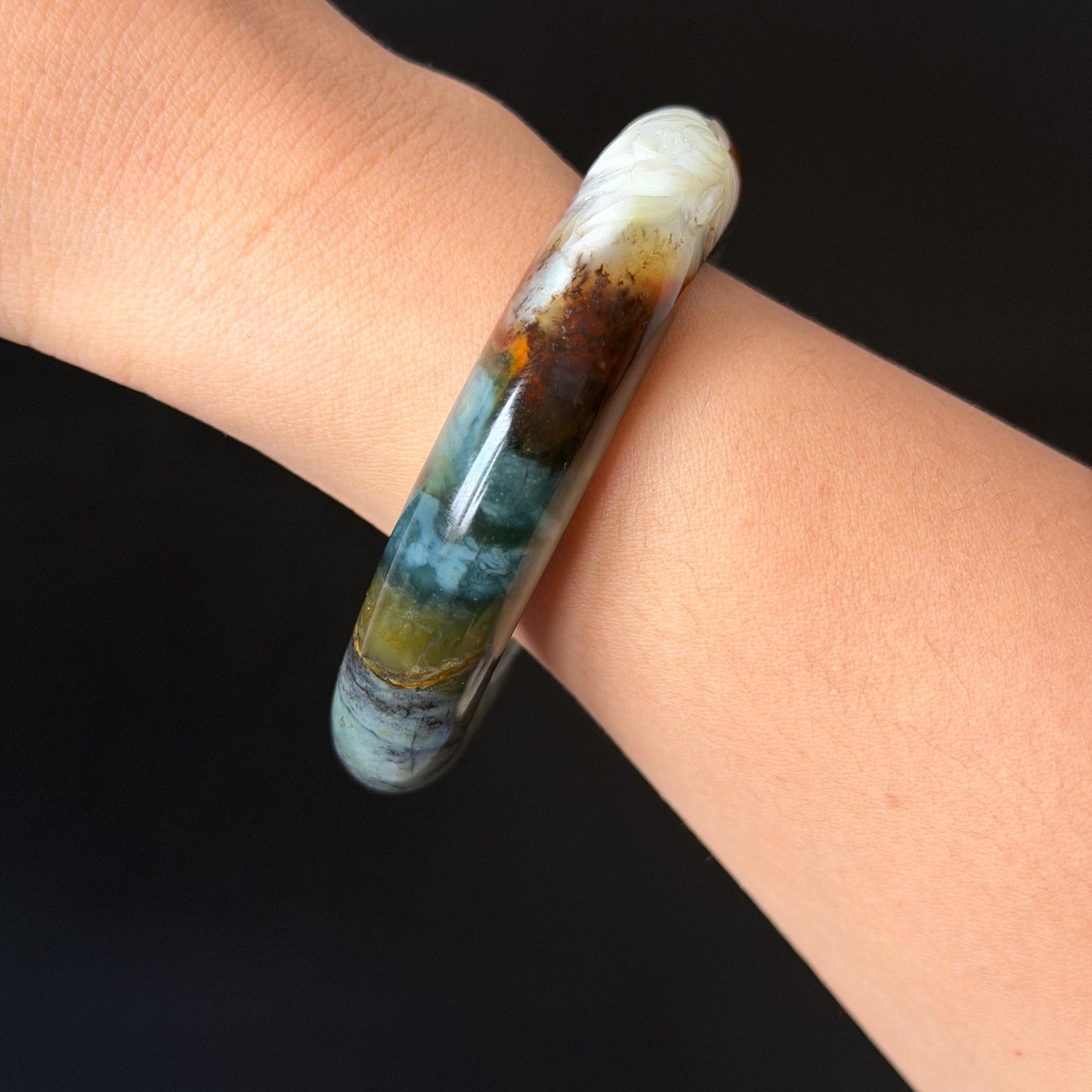 54.8mm Xiu Jade Serpentine Hand Carved Lotus Flower Bangle: Natural Blue Brown White Jade Handcrafted Bracelet, Stone Carving Gemstone Jewelry  Gift for her wide jade bangle jade carving hand engraved stone carving natural untreated jade bracelet white jade brown jade brown blue jade handcrafted jade lotus carving flower carving chinese jade vintage bangle antique bracelet sesame bracelet multi colour jade multicolor jade mother day gift
