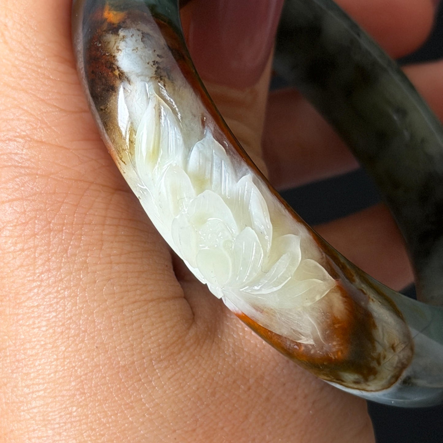 54.8mm Xiu Jade Serpentine Hand Carved Lotus Flower Bangle: Natural Blue Brown White Jade Handcrafted Bracelet, Stone Carving Gemstone Jewelry  Gift for her wide jade bangle jade carving hand engraved stone carving natural untreated jade bracelet white jade brown jade brown blue jade handcrafted jade lotus carving flower carving chinese jade vintage bangle antique bracelet sesame bracelet multi colour jade multicolor jade mother day gift