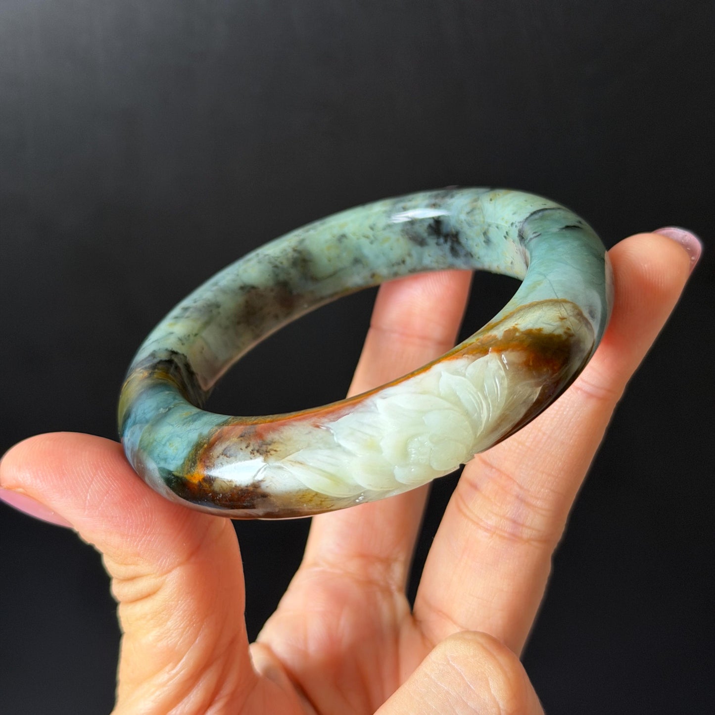 54.8mm Xiu Jade Serpentine Hand Carved Lotus Flower Bangle: Natural Blue Brown White Jade Handcrafted Bracelet, Stone Carving Gemstone Jewelry  Gift for her wide jade bangle jade carving hand engraved stone carving natural untreated jade bracelet white jade brown jade brown blue jade handcrafted jade lotus carving flower carving chinese jade vintage bangle antique bracelet sesame bracelet multi colour jade multicolor jade mother day gift