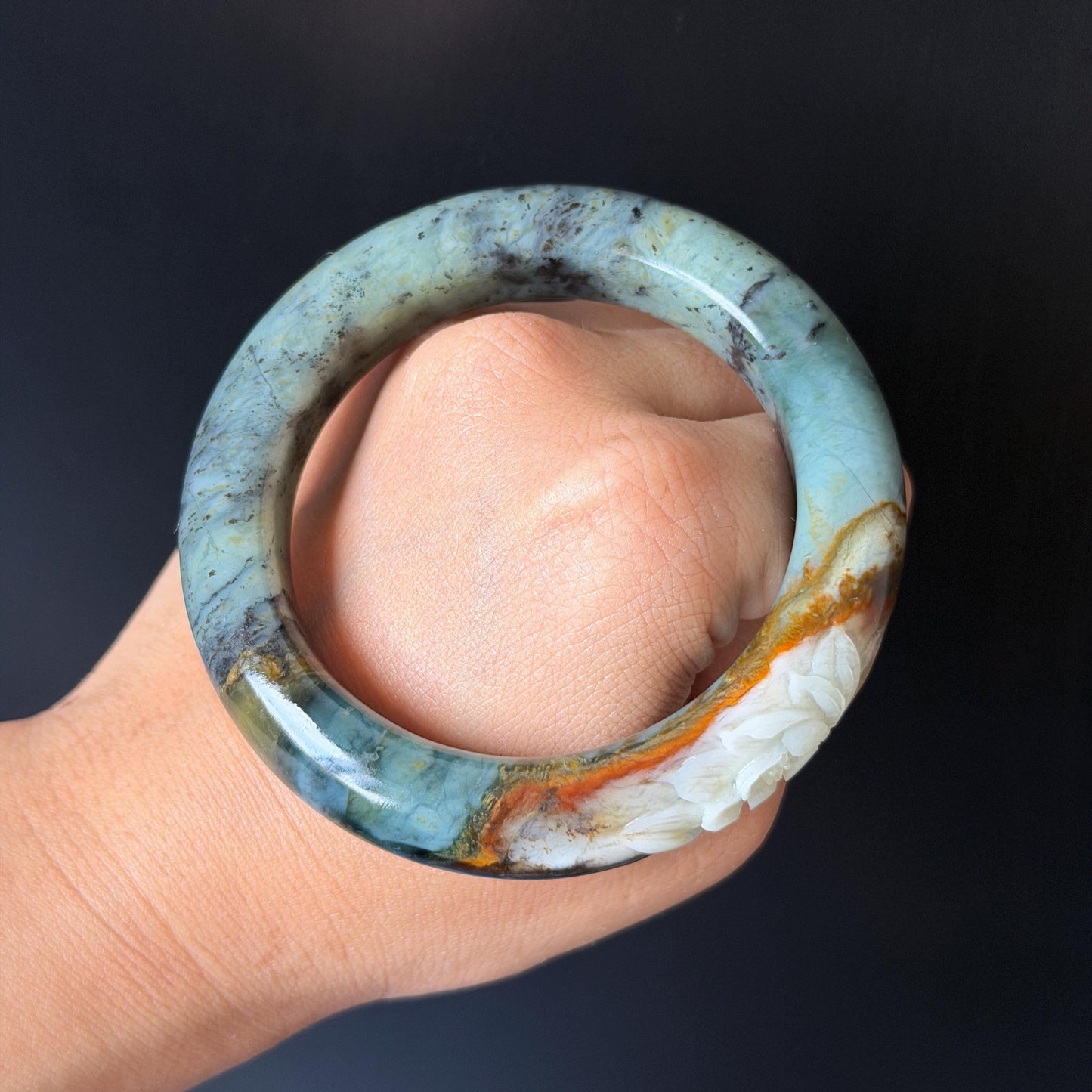 54.8mm Xiu Jade Serpentine Hand Carved Lotus Flower Bangle: Natural Blue Brown White Jade Handcrafted Bracelet, Stone Carving Gemstone Jewelry  Gift for her wide jade bangle jade carving hand engraved stone carving natural untreated jade bracelet white jade brown jade brown blue jade handcrafted jade lotus carving flower carving chinese jade vintage bangle antique bracelet sesame bracelet multi colour jade multicolor jade mother day gift