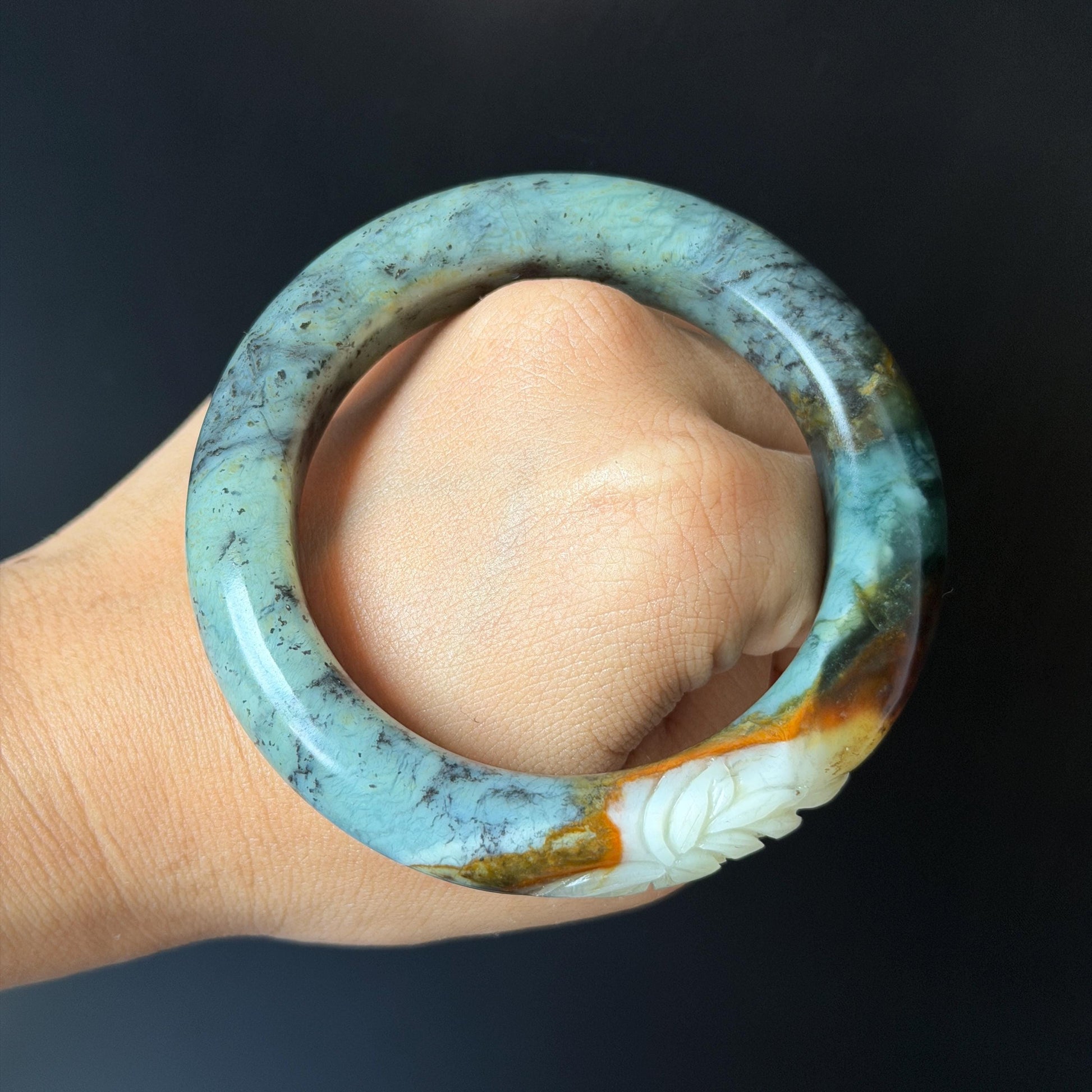 54.8mm Xiu Jade Serpentine Hand Carved Lotus Flower Bangle: Natural Blue Brown White Jade Handcrafted Bracelet, Stone Carving Gemstone Jewelry  Gift for her wide jade bangle jade carving hand engraved stone carving natural untreated jade bracelet white jade brown jade brown blue jade handcrafted jade lotus carving flower carving chinese jade vintage bangle antique bracelet sesame bracelet multi colour jade multicolor jade mother day gift