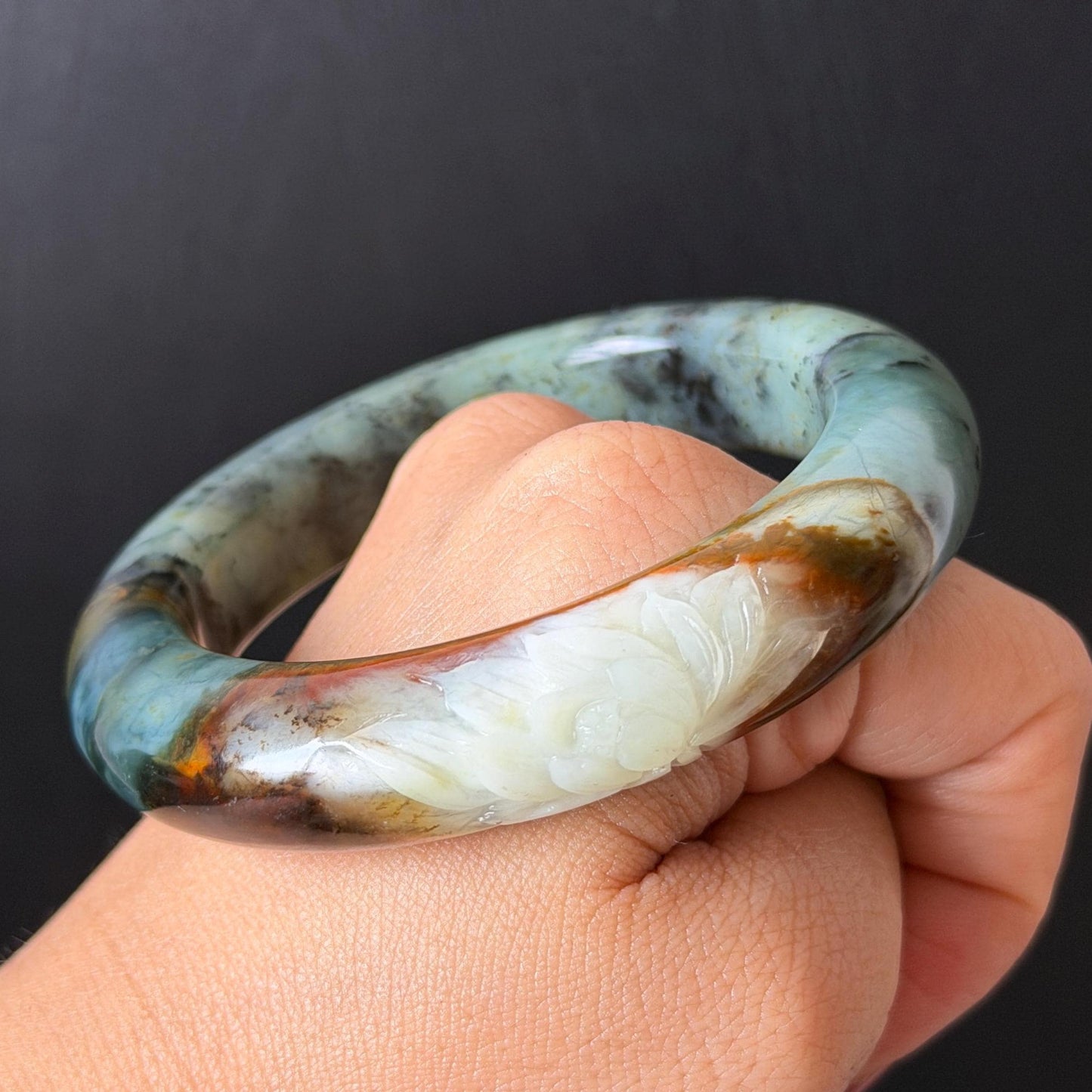 54.8mm Xiu Jade Serpentine Hand Carved Lotus Flower Bangle: Natural Blue Brown White Jade Handcrafted Bracelet, Stone Carving Gemstone Jewelry  Gift for her wide jade bangle jade carving hand engraved stone carving natural untreated jade bracelet white jade brown jade brown blue jade handcrafted jade lotus carving flower carving chinese jade vintage bangle antique bracelet sesame bracelet multi colour jade multicolor jade mother day gift