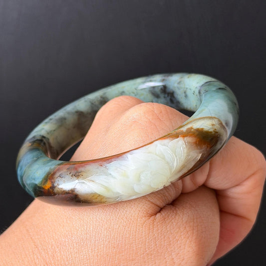 54.8mm Xiu Jade Serpentine Hand Carved Lotus Flower Bangle: Natural Blue Brown White Jade Handcrafted Bracelet, Stone Carving Gemstone Jewelry  Gift for her wide jade bangle jade carving hand engraved stone carving natural untreated jade bracelet white jade brown jade brown blue jade handcrafted jade lotus carving flower carving chinese jade vintage bangle antique bracelet sesame bracelet multi colour jade multicolor jade mother day gift