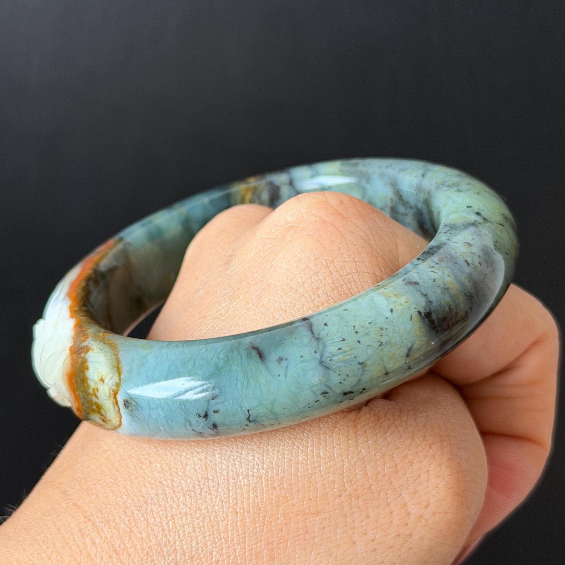 54.8mm Xiu Jade Serpentine Hand Carved Lotus Flower Bangle: Natural Blue Brown White Jade Handcrafted Bracelet, Stone Carving Gemstone Jewelry  Gift for her wide jade bangle jade carving hand engraved stone carving natural untreated jade bracelet white jade brown jade brown blue jade handcrafted jade lotus carving flower carving chinese jade vintage bangle antique bracelet sesame bracelet multi colour jade multicolor jade mother day gift