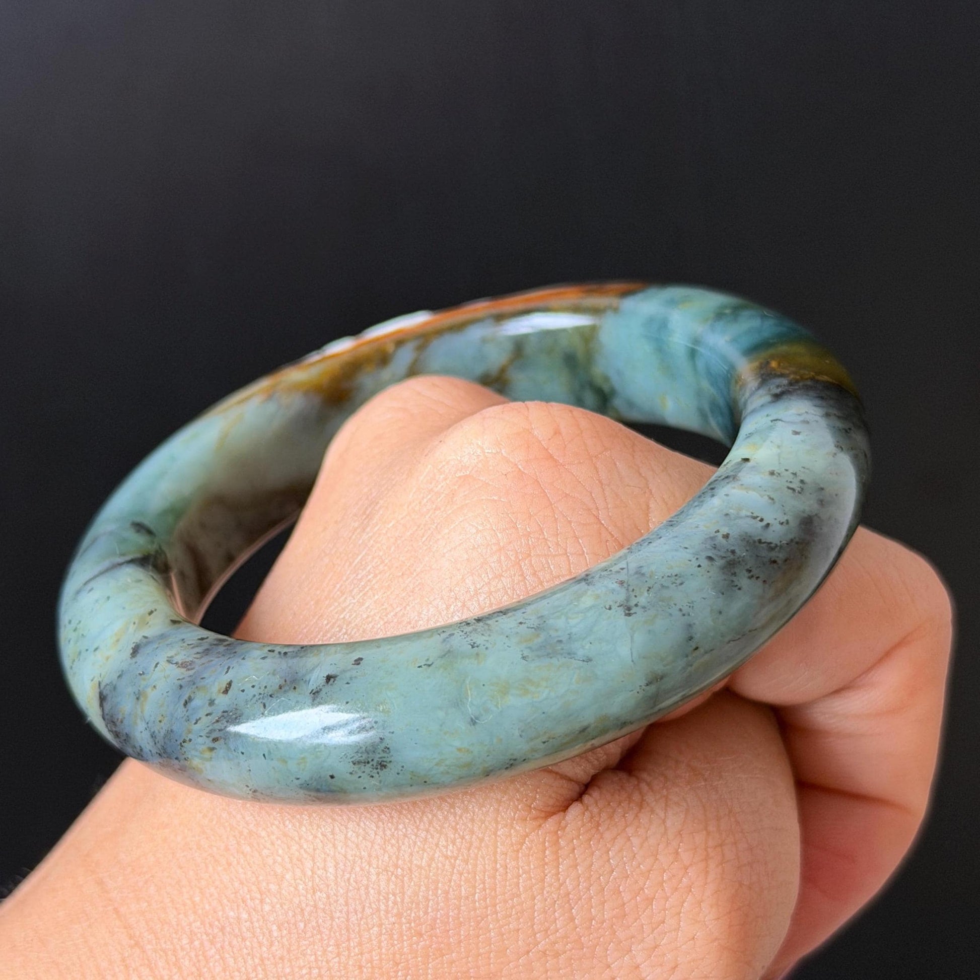 54.8mm Xiu Jade Serpentine Hand Carved Lotus Flower Bangle: Natural Blue Brown White Jade Handcrafted Bracelet, Stone Carving Gemstone Jewelry  Gift for her wide jade bangle jade carving hand engraved stone carving natural untreated jade bracelet white jade brown jade brown blue jade handcrafted jade lotus carving flower carving chinese jade vintage bangle antique bracelet sesame bracelet multi colour jade multicolor jade mother day gift