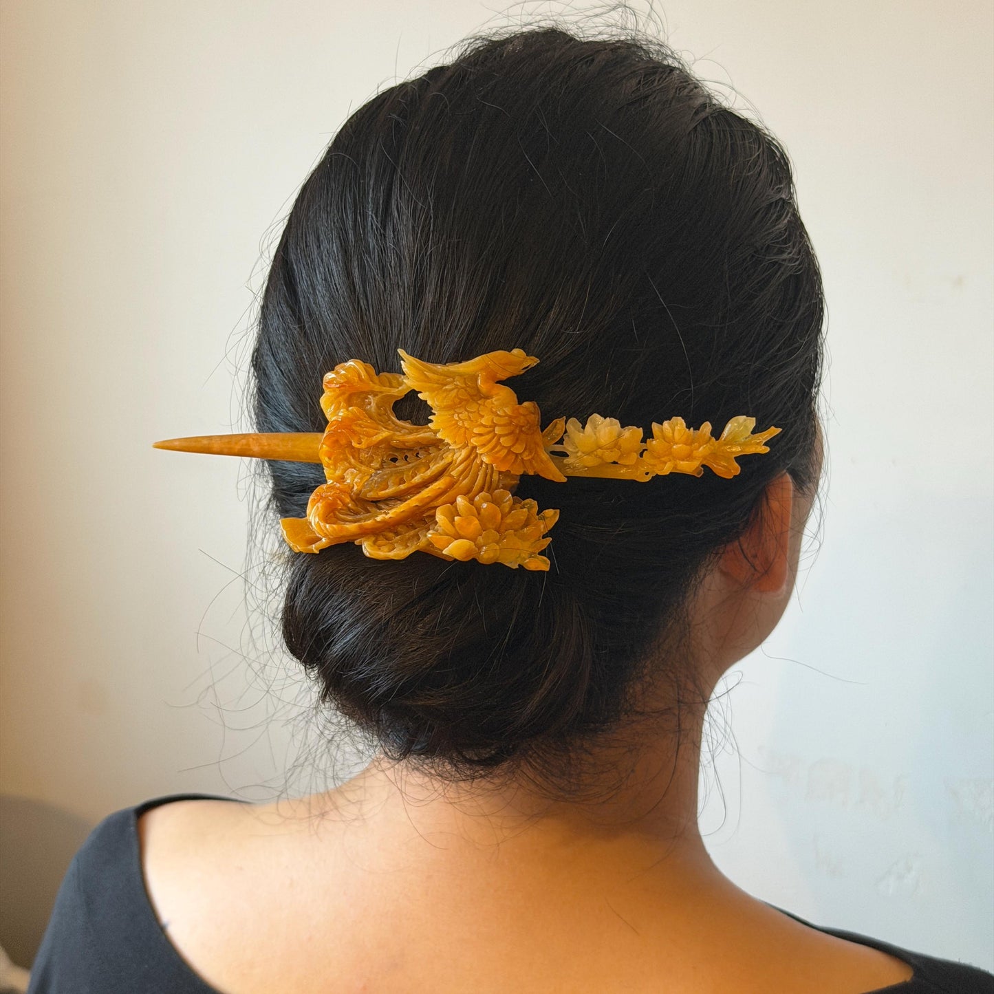 Xiu Jade (Serpentine) Hand Carved Fire Phoenix & Peony Hair Pin: Natural Certified Red Jade Hair Stick | Asian Chinese Vintage Style gift for her hand carved phoenix carving hand engraved phoenix hair stick phoenix carving red phoenix fire phoenix hair fork red jade yellow jade chinese jade with certificate rebirth transformation gift korean hair pin japanese hair stick hair fork hair comb hanfu hair stick peony carving with certificate handcrafted jade phoenix lover gift 3D stone carving