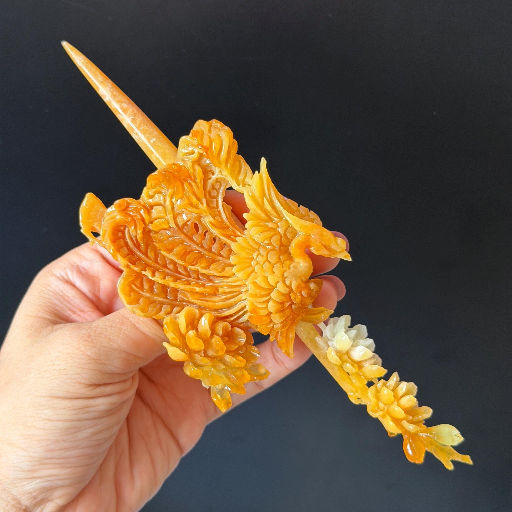 Xiu Jade (Serpentine) Hand Carved Fire Phoenix & Peony Hair Pin: Natural Certified Red Jade Hair Stick | Asian Chinese Vintage Style gift for her hand carved phoenix carving hand engraved phoenix hair stick phoenix carving red phoenix fire phoenix hair fork red jade yellow jade chinese jade with certificate rebirth transformation gift korean hair pin japanese hair stick hair fork hair comb hanfu hair stick peony carving with certificate handcrafted jade phoenix lover gift 3D stone carving