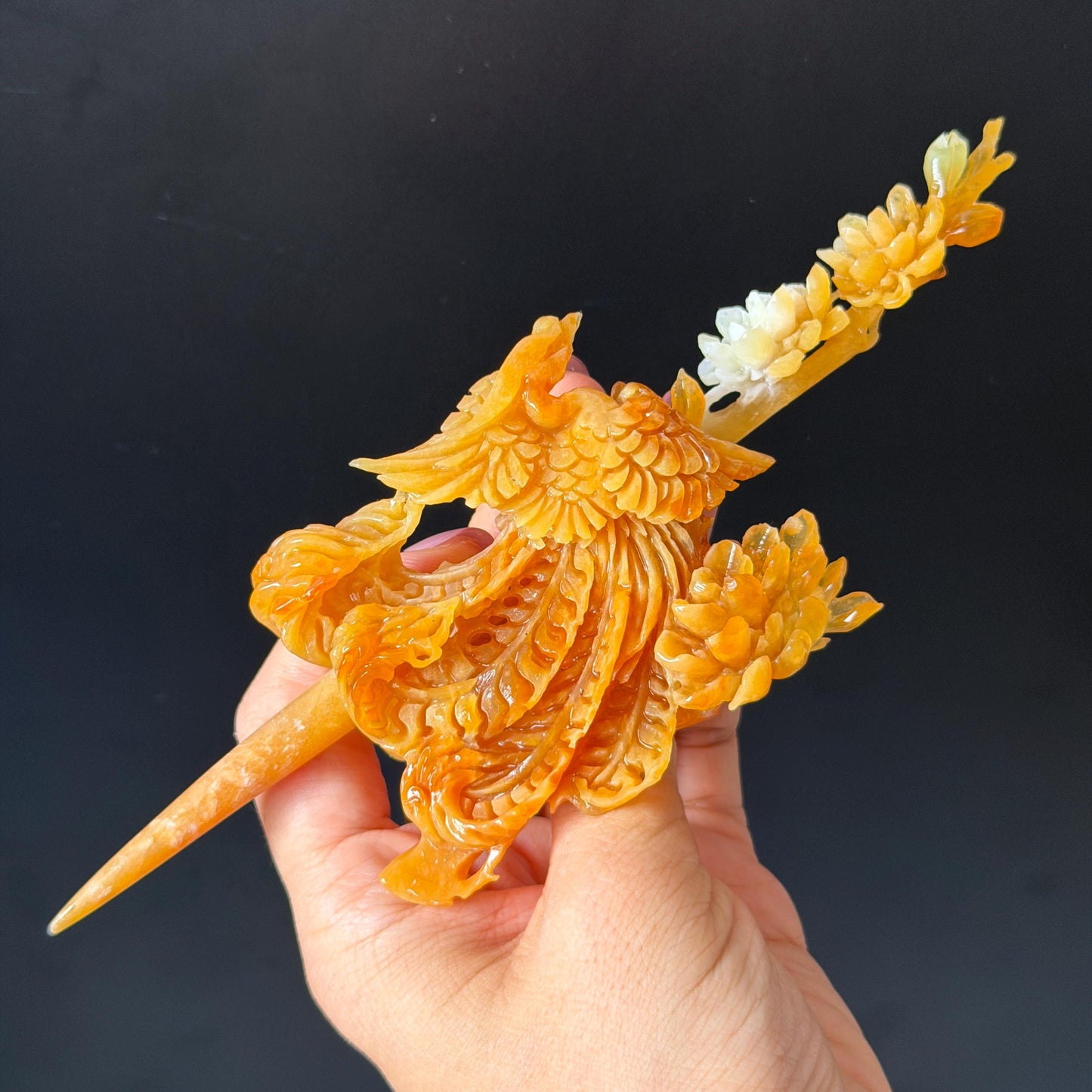 Xiu Jade (Serpentine) Hand Carved Fire Phoenix & Peony Hair Pin: Natural Certified Red Jade Hair Stick | Asian Chinese Vintage Style gift for her hand carved phoenix carving hand engraved phoenix hair stick phoenix carving red phoenix fire phoenix hair fork red jade yellow jade chinese jade with certificate rebirth transformation gift korean hair pin japanese hair stick hair fork hair comb hanfu hair stick peony carving with certificate handcrafted jade phoenix lover gift 3D stone carving