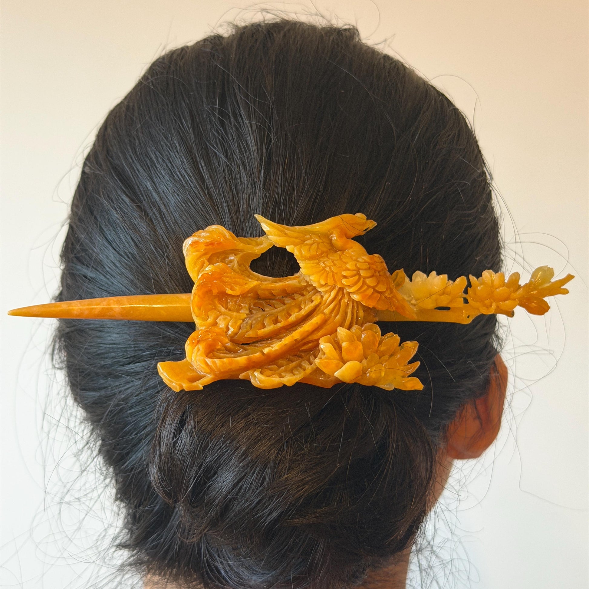 Xiu Jade (Serpentine) Hand Carved Fire Phoenix & Peony Hair Pin: Natural Certified Red Jade Hair Stick | Asian Chinese Vintage Style gift for her hand carved phoenix carving hand engraved phoenix hair stick phoenix carving red phoenix fire phoenix hair fork red jade yellow jade chinese jade with certificate rebirth transformation gift korean hair pin japanese hair stick hair fork hair comb hanfu hair stick peony carving with certificate handcrafted jade phoenix lover gift 3D stone carving