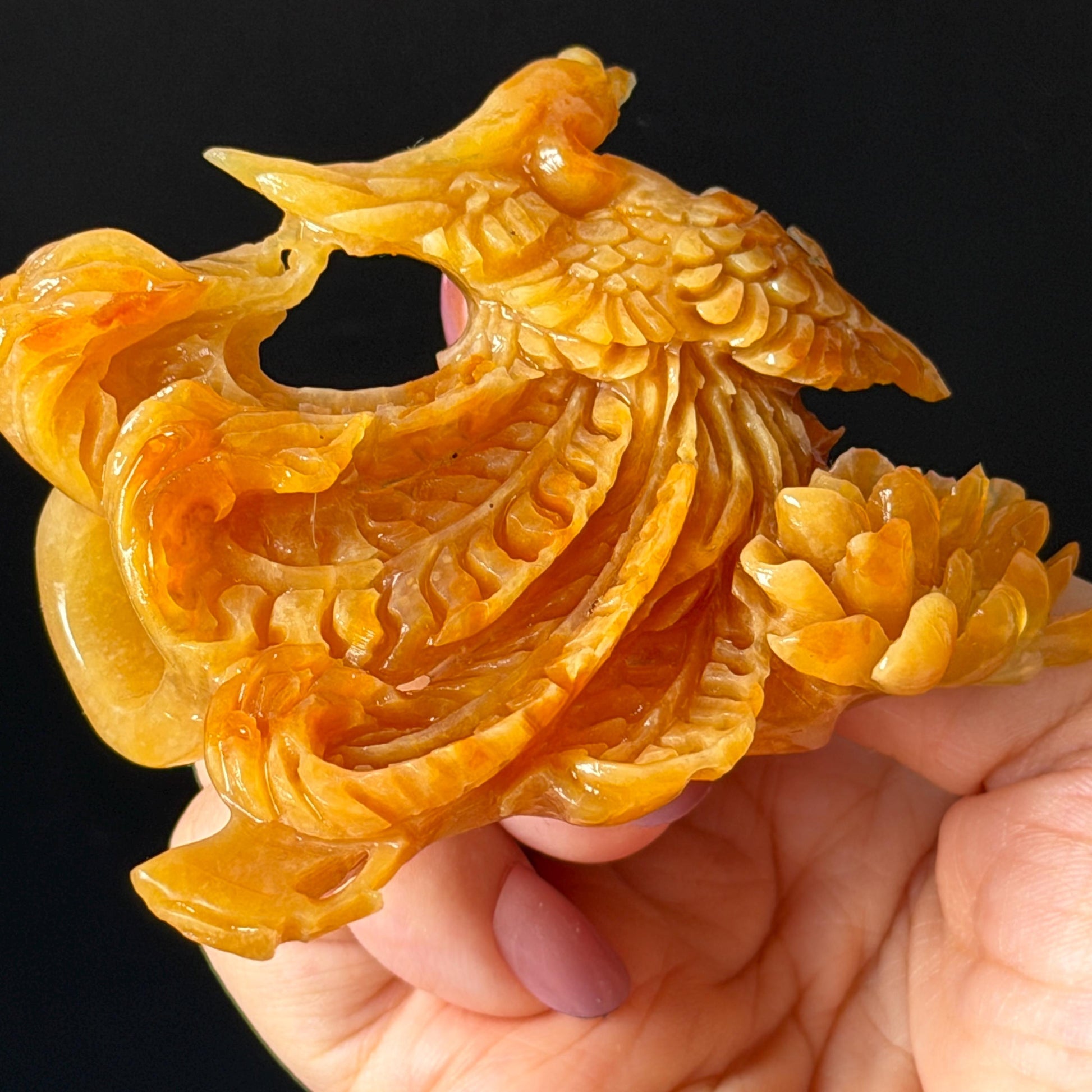 Xiu Jade (Serpentine) Hand Carved Fire Phoenix & Peony Hair Pin: Natural Certified Red Jade Hair Stick | Asian Chinese Vintage Style gift for her hand carved phoenix carving hand engraved phoenix hair stick phoenix carving red phoenix fire phoenix hair fork red jade yellow jade chinese jade with certificate rebirth transformation gift korean hair pin japanese hair stick hair fork hair comb hanfu hair stick peony carving with certificate handcrafted jade phoenix lover gift 3D stone carving