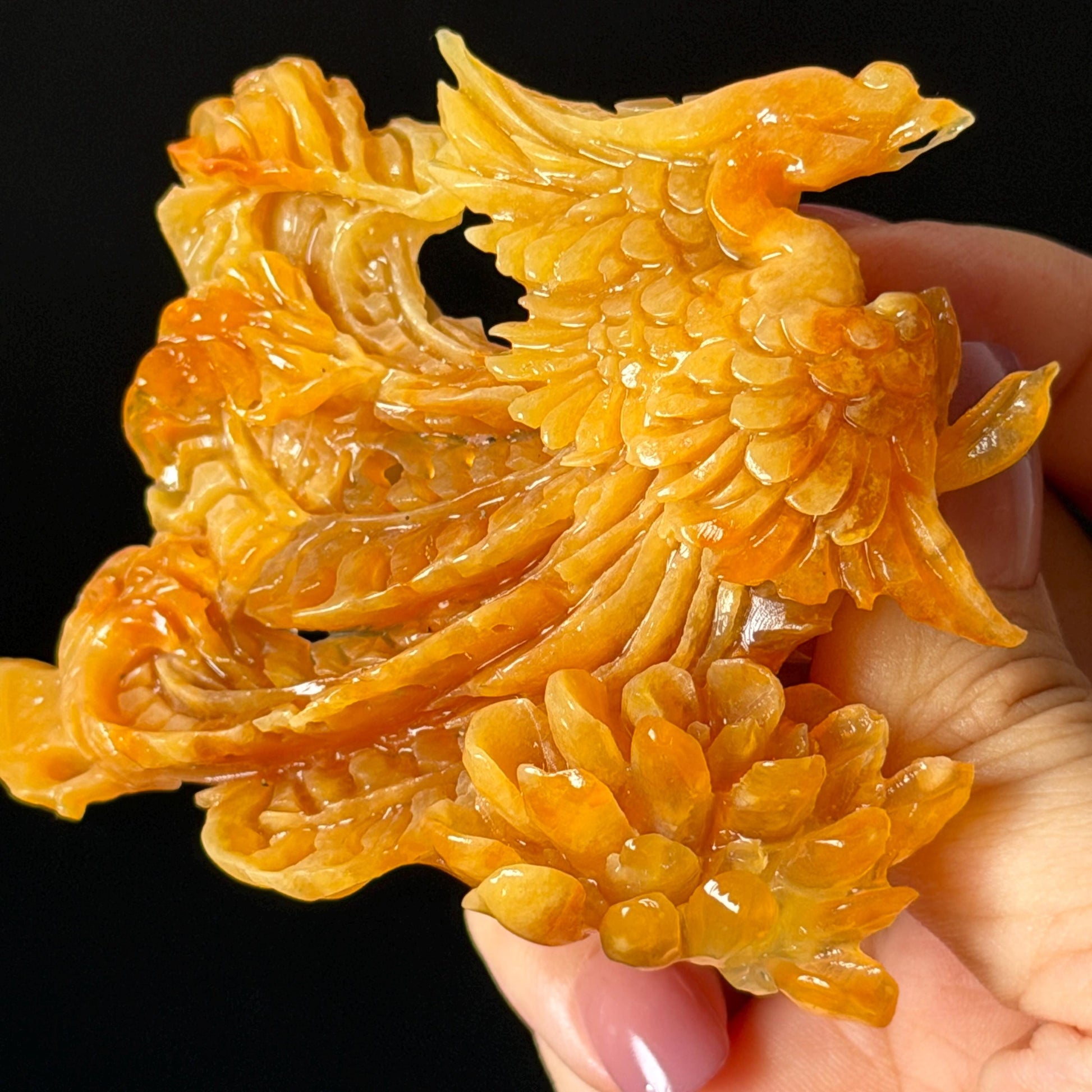 Xiu Jade (Serpentine) Hand Carved Fire Phoenix & Peony Hair Pin: Natural Certified Red Jade Hair Stick | Asian Chinese Vintage Style gift for her hand carved phoenix carving hand engraved phoenix hair stick phoenix carving red phoenix fire phoenix hair fork red jade yellow jade chinese jade with certificate rebirth transformation gift korean hair pin japanese hair stick hair fork hair comb hanfu hair stick peony carving with certificate handcrafted jade phoenix lover gift 3D stone carving