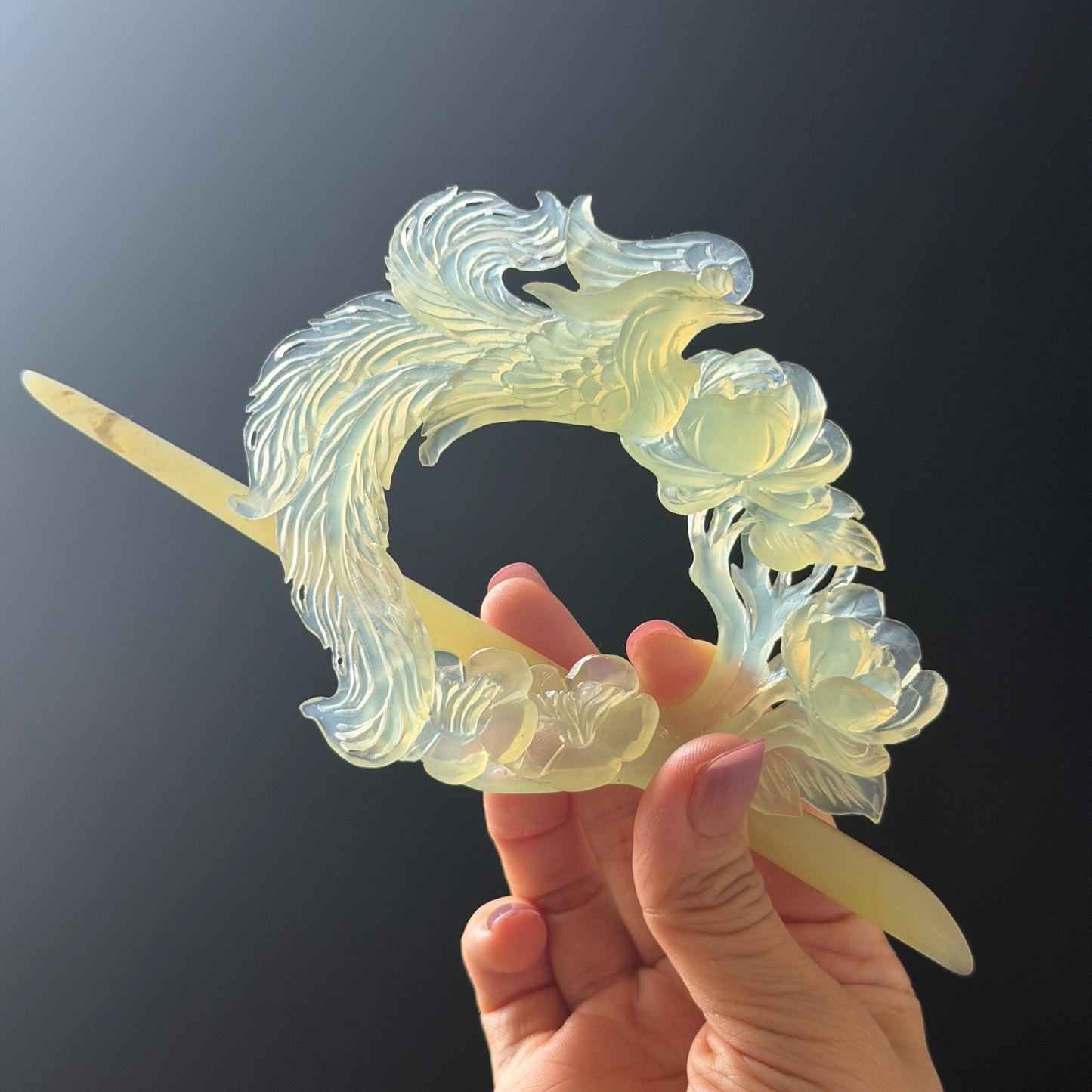 Xiu Jade Serpentine Hand Carved Phoenix & Peony Hair Pin: Certified Natural Ice Green Jade Hair Stick, Asian Vintage Hair Fork | Chinese Vintage Hanfu Antique Bridal Hair Fork Gift for her japanese hairpin korean hair stick chinese hair fork vintage hair comb antique hair pins hanfu hair stick bridal shower hair jewelry wedding headpiece engagement hair accessory jade carving hand engraved jade hand carved flower jade hairpins untreated natural jade with certificate phoenix carving peony carving