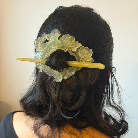 Xiu Jade Serpentine Hand Carved Phoenix & Peony Hair Pin: Certified Natural Ice Green Jade Hair Stick, Asian Vintage Hair Fork | Chinese Vintage Hanfu Antique Bridal Hair Fork Gift for her japanese hairpin korean hair stick chinese hair fork vintage hair comb antique hair pins hanfu hair stick bridal shower hair jewelry wedding headpiece engagement hair accessory jade carving hand engraved jade hand carved flower jade hairpins untreated natural jade with certificate phoenix carving peony carving
