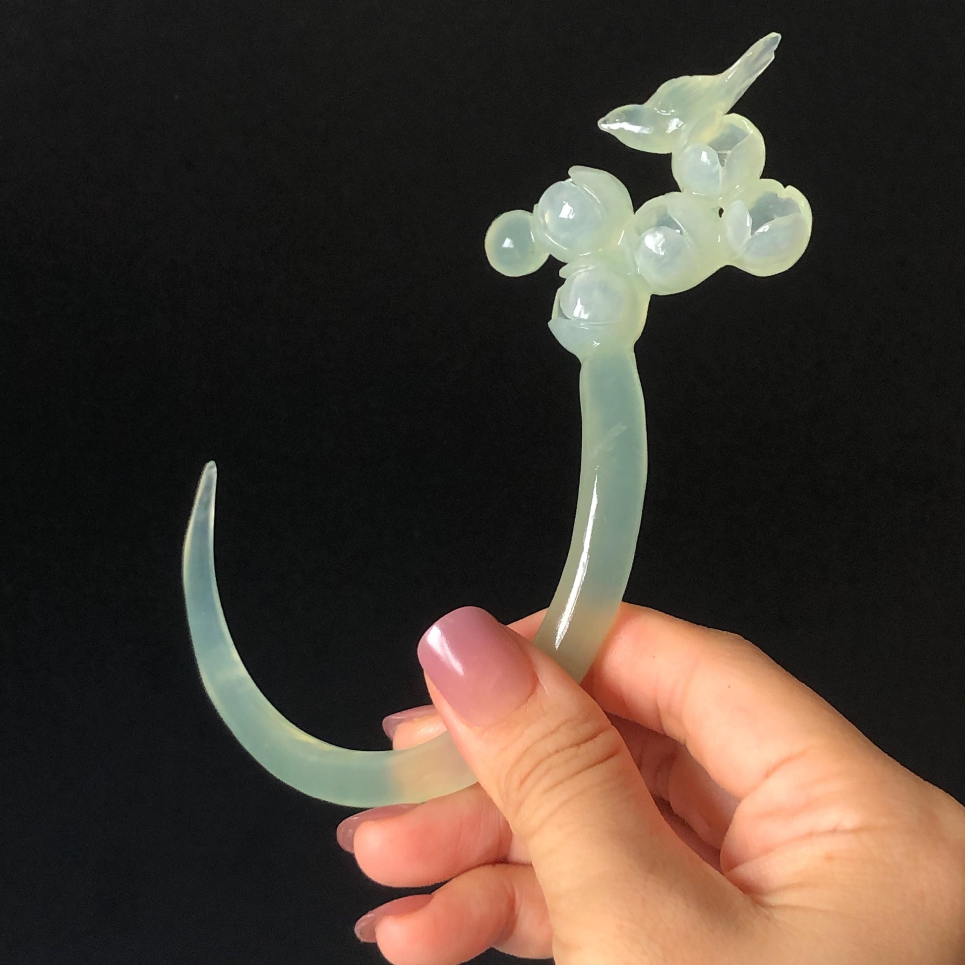 Xiu Jade Serpentine Crescent Moon Bird and Lily of Valley Flower Hair Stick: Green Jade Hand Carved Half Moon Hair Pin, Vintage Chinese Hair Fork with Certificate Bridal Wedding Headpiece Gift for her japanese hairpin korean hair stick chinese hair comb asian hair fork moon hair stick hair pins with dangle ice white jade carving Peony carving flower carving natural untreated jade with certificate bridal shower gift wedding hair accessory hair jewelry butterfly carving