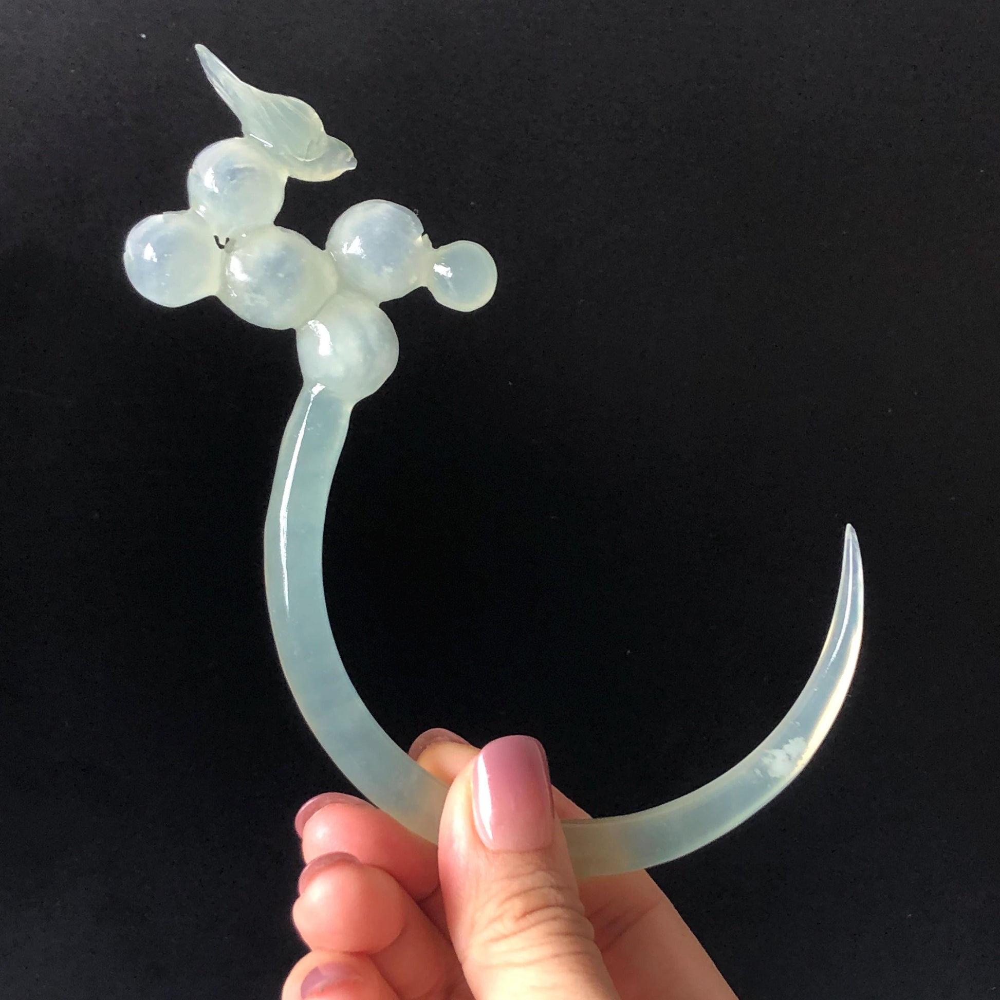 Xiu Jade Serpentine Crescent Moon Bird and Lily of Valley Flower Hair Stick: Green Jade Hand Carved Half Moon Hair Pin, Vintage Chinese Hair Fork with Certificate Bridal Wedding Headpiece Gift for her japanese hairpin korean hair stick chinese hair comb asian hair fork moon hair stick hair pins with dangle ice white jade carving Peony carving flower carving natural untreated jade with certificate bridal shower gift wedding hair accessory hair jewelry butterfly carving