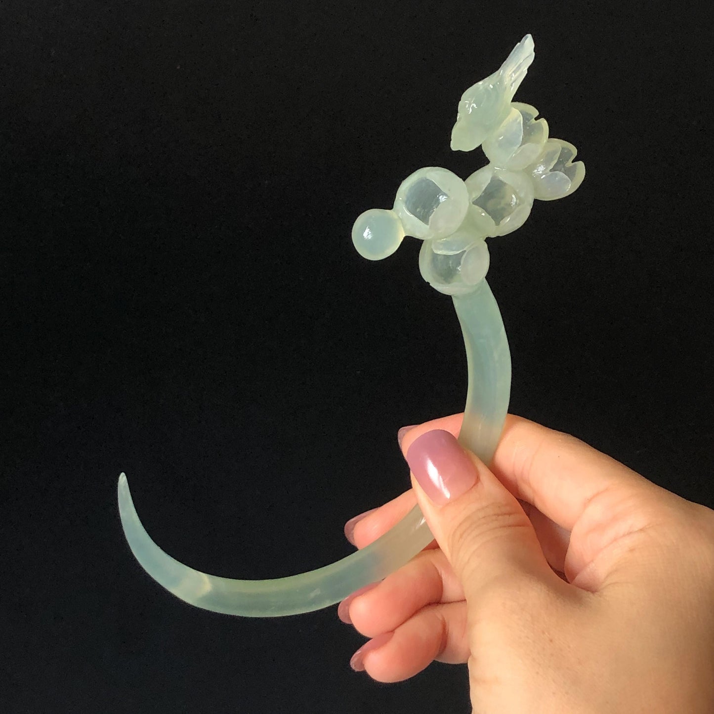 Xiu Jade Serpentine Crescent Moon Bird and Lily of Valley Flower Hair Stick: Green Jade Hand Carved Half Moon Hair Pin, Vintage Chinese Hair Fork with Certificate Bridal Wedding Headpiece Gift for her japanese hairpin korean hair stick chinese hair comb asian hair fork moon hair stick hair pins with dangle ice white jade carving Peony carving flower carving natural untreated jade with certificate bridal shower gift wedding hair accessory hair jewelry butterfly carving