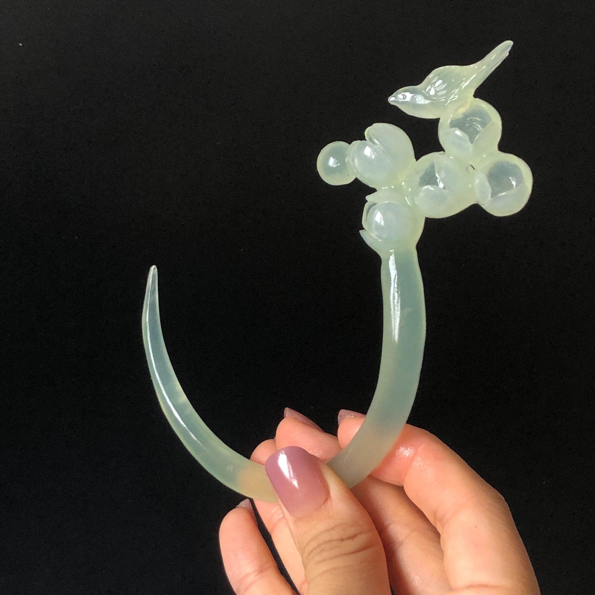 Xiu Jade Serpentine Crescent Moon Bird and Lily of Valley Flower Hair Stick: Green Jade Hand Carved Half Moon Hair Pin, Vintage Chinese Hair Fork with Certificate Bridal Wedding Headpiece Gift for her japanese hairpin korean hair stick chinese hair comb asian hair fork moon hair stick hair pins with dangle ice white jade carving Peony carving flower carving natural untreated jade with certificate bridal shower gift wedding hair accessory hair jewelry butterfly carving