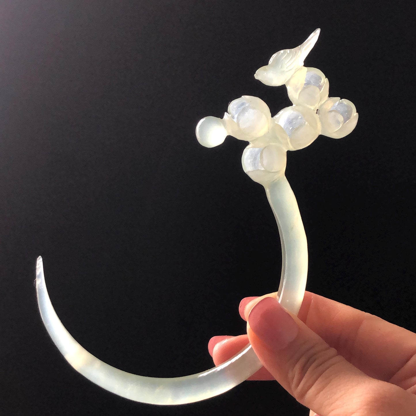 Xiu Jade Serpentine Crescent Moon Bird and Lily of Valley Flower Hair Stick: Green Jade Hand Carved Half Moon Hair Pin, Vintage Chinese Hair Fork with Certificate Bridal Wedding Headpiece Gift for her japanese hairpin korean hair stick chinese hair comb asian hair fork moon hair stick hair pins with dangle ice white jade carving Peony carving flower carving natural untreated jade with certificate bridal shower gift wedding hair accessory hair jewelry butterfly carving