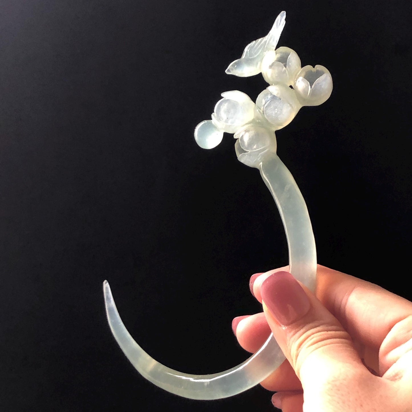 Xiu Jade Serpentine Crescent Moon Bird and Lily of Valley Flower Hair Stick: Green Jade Hand Carved Half Moon Hair Pin, Vintage Chinese Hair Fork with Certificate Bridal Wedding Headpiece Gift for her japanese hairpin korean hair stick chinese hair comb asian hair fork moon hair stick hair pins with dangle ice white jade carving Peony carving flower carving natural untreated jade with certificate bridal shower gift wedding hair accessory hair jewelry butterfly carving