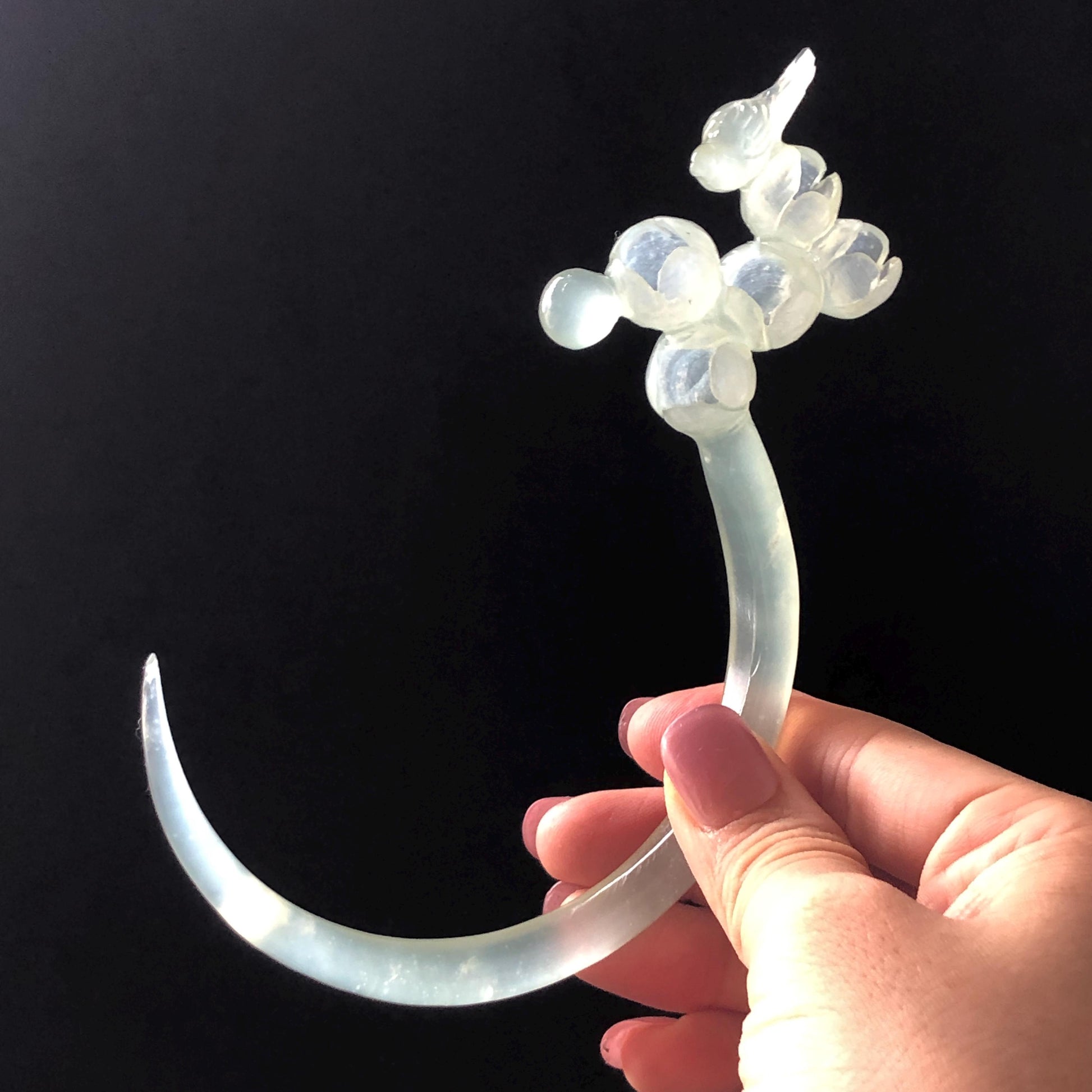 Xiu Jade Serpentine Crescent Moon Bird and Lily of Valley Flower Hair Stick: Green Jade Hand Carved Half Moon Hair Pin, Vintage Chinese Hair Fork with Certificate Bridal Wedding Headpiece Gift for her japanese hairpin korean hair stick chinese hair comb asian hair fork moon hair stick hair pins with dangle ice white jade carving Peony carving flower carving natural untreated jade with certificate bridal shower gift wedding hair accessory hair jewelry butterfly carving