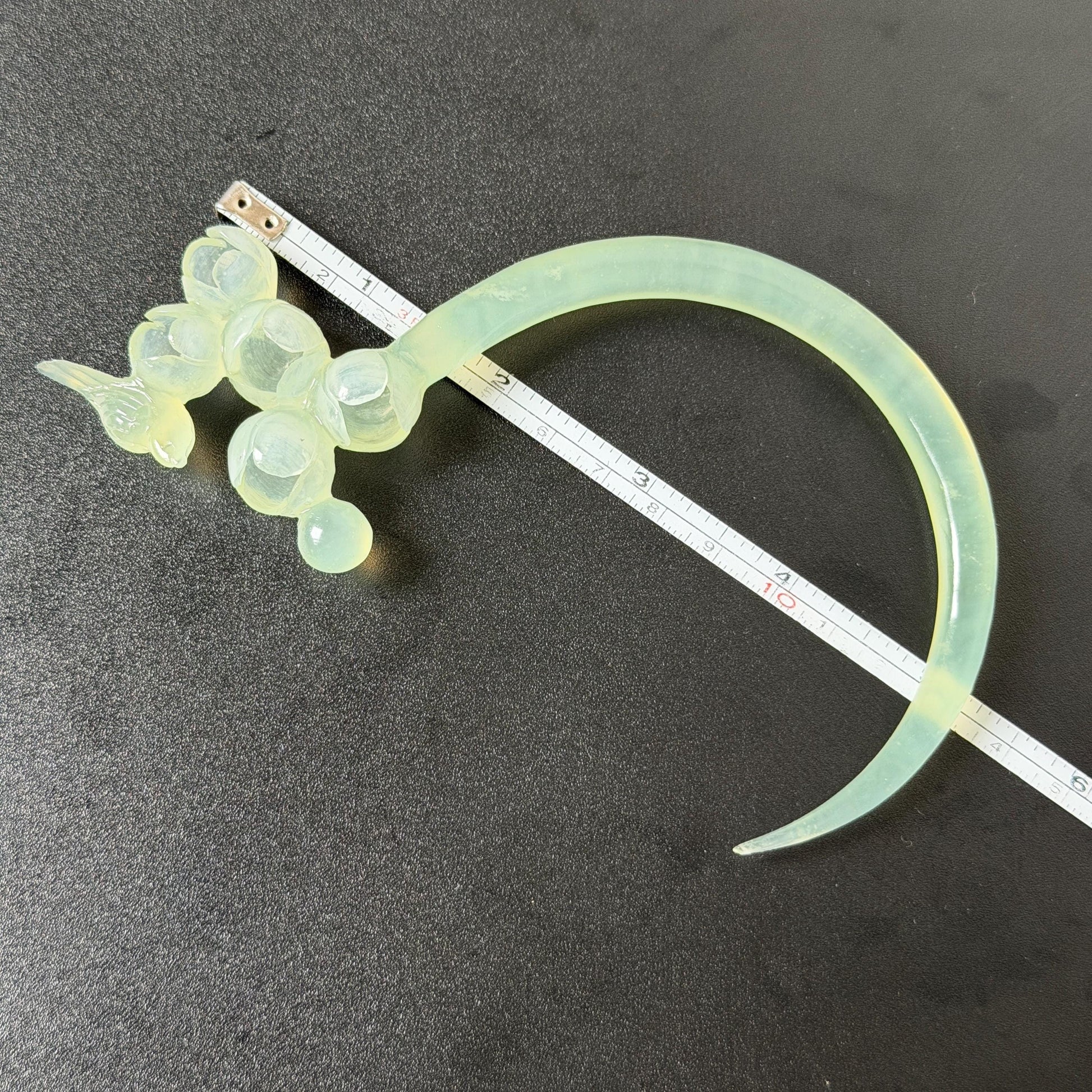 Xiu Jade Serpentine Crescent Moon Bird and Lily of Valley Flower Hair Stick: Certified Green Jade Hand Carved Half Moon Hanfu Hair Pin