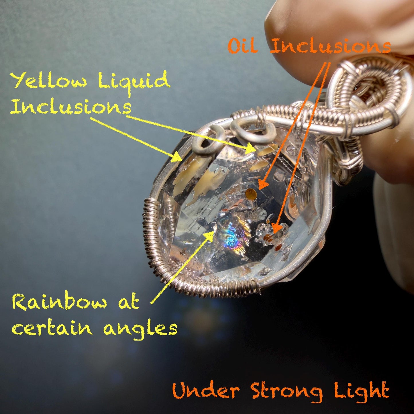 Polished Petroleum Golden Enhydro Quartz Small Pendant Adjustable Choker Necklace: Rainbow! Red Petroleum & Yellow Liquid Inclusion Crystal UV reactive  | Natural Gemstone Birthstone Gift for her golden red oil enhydro quartz manifestation quartz yellow inclusion oil inclusion crystal wire wrapped pendant choker necklace enhydro crystal rainbow quartz child quartz chakra crystal meditation stone Fluorescent minerals specimen