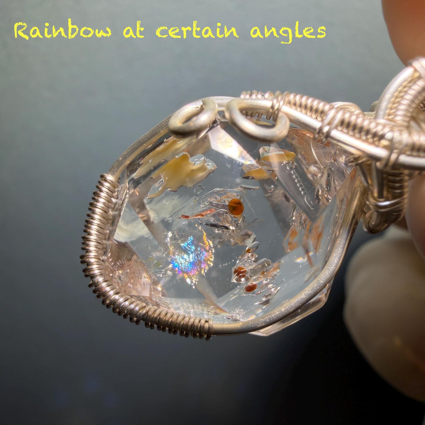 Polished Petroleum Golden Enhydro Quartz Small Pendant Adjustable Choker Necklace: Rainbow! Red Petroleum & Yellow Liquid Inclusion Crystal UV reactive  | Natural Gemstone Birthstone Gift for her golden red oil enhydro quartz manifestation quartz yellow inclusion oil inclusion crystal wire wrapped pendant choker necklace enhydro crystal rainbow quartz child quartz chakra crystal meditation stone Fluorescent minerals specimen
