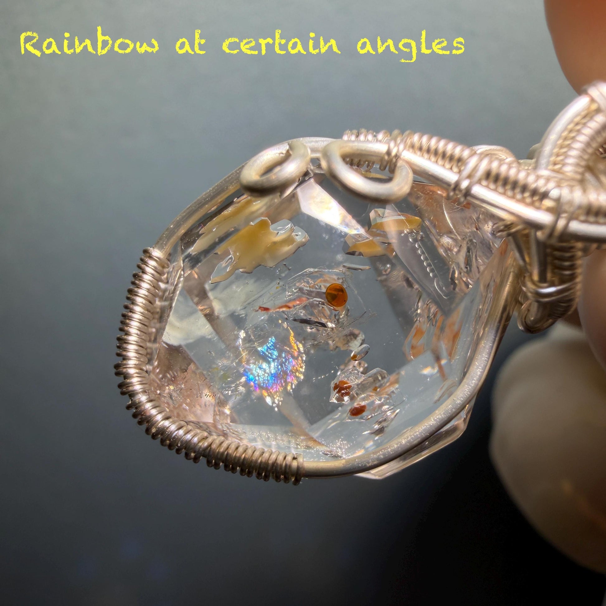Polished Petroleum Golden Enhydro Quartz Small Pendant Adjustable Choker Necklace: Rainbow! Red Petroleum & Yellow Liquid Inclusion Crystal UV reactive  | Natural Gemstone Birthstone Gift for her golden red oil enhydro quartz manifestation quartz yellow inclusion oil inclusion crystal wire wrapped pendant choker necklace enhydro crystal rainbow quartz child quartz chakra crystal meditation stone Fluorescent minerals specimen