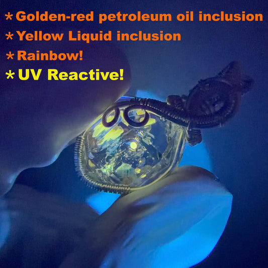 Petroleum Golden Enhydro Quartz Small Pendant Choker: Rainbow! UV reactive Fluorescent Red Petroleum & Yellow Liquid Inclusion Crystal