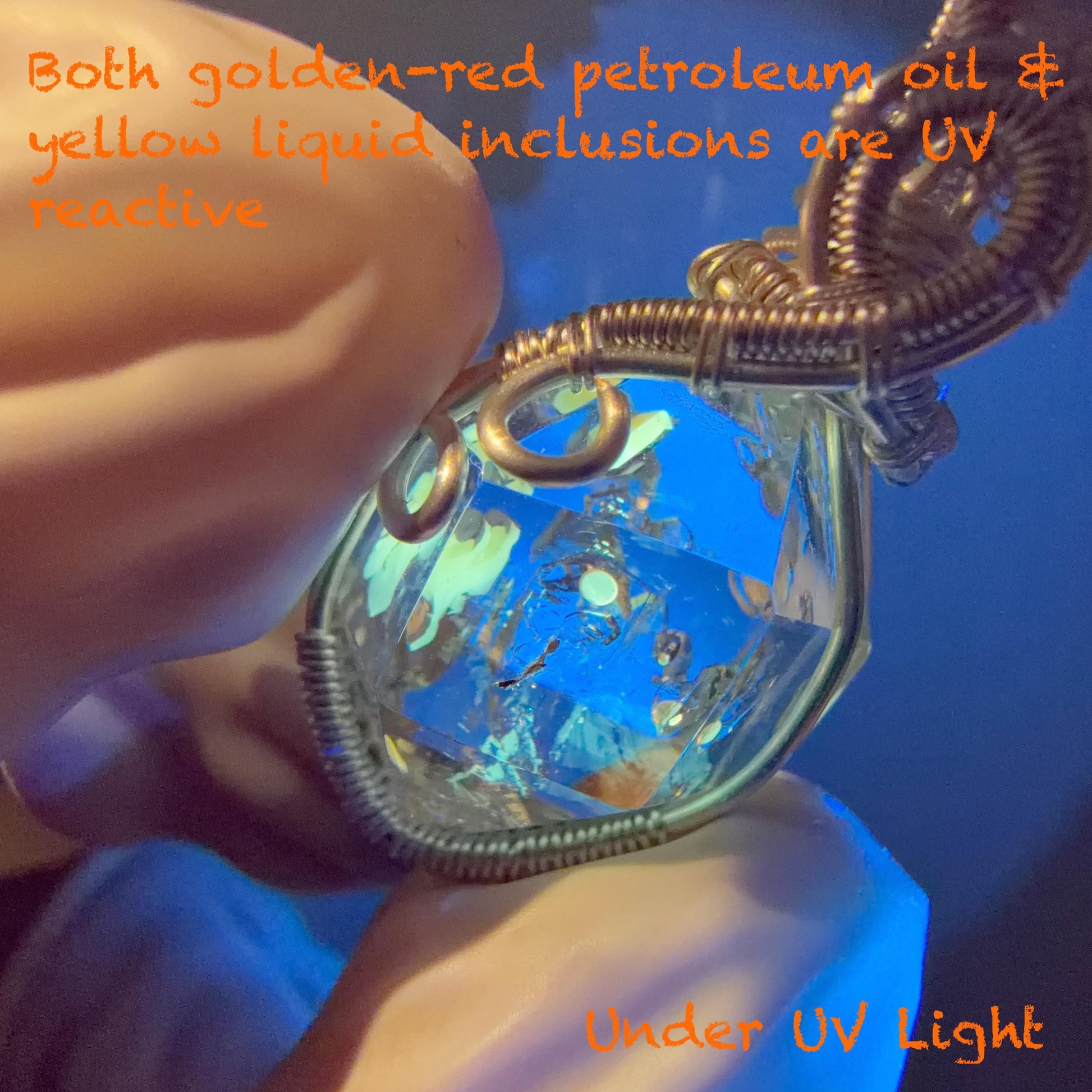 Petroleum Golden Enhydro Quartz Small Pendant Choker: Rainbow! UV reactive Fluorescent Red Petroleum & Yellow Liquid Inclusion Crystal