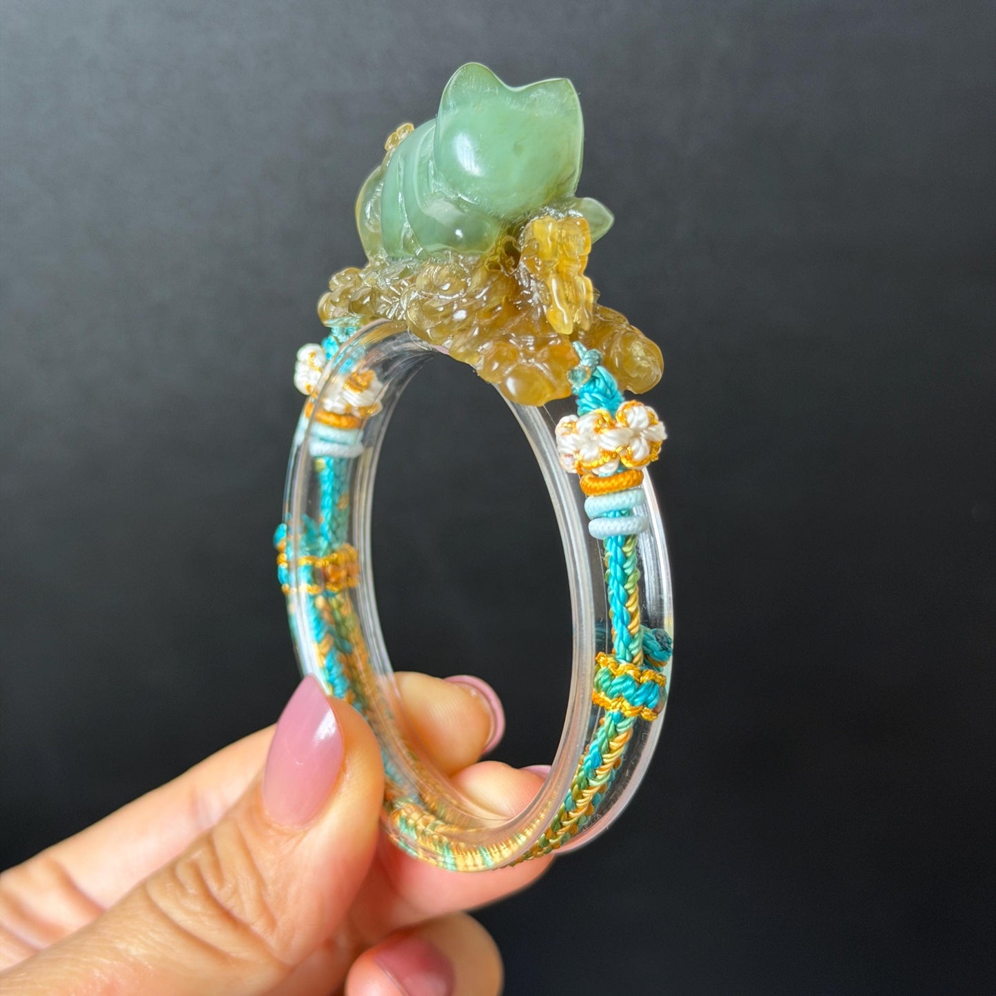 Xiu Jade Serpentine Hand Carved Bird & Butterfly with Flower Charm Braided Bracelet: Natural Green and Yellow Jade Adjustable Bracelet 3D Stone Carving  adjustable bracelet woven bracelet rope 3D jade carving green jade yellow jade multicolour jade natural untreated jade handcrafted charm bead bracelet handmade bracelet butterfly carving flower carving hand engraved charm chinese braided bracelet vintage bracelet antique bracelet lucky rope cat lover gift birthday gift handcrafted bracelet