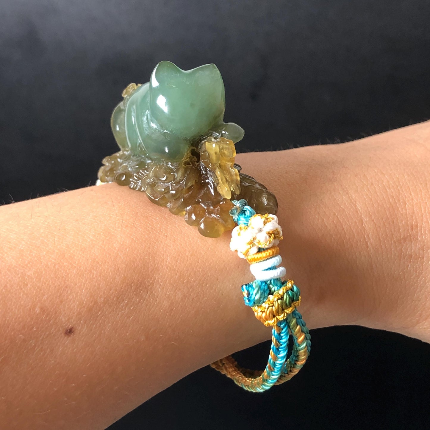 Xiu Jade Serpentine Hand Carved Bird & Butterfly with Flower Charm Braided Bracelet: Natural Green and Yellow Jade Adjustable Bracelet 3D Stone Carving  adjustable bracelet woven bracelet rope 3D jade carving green jade yellow jade multicolour jade natural untreated jade handcrafted charm bead bracelet handmade bracelet butterfly carving flower carving hand engraved charm chinese braided bracelet vintage bracelet antique bracelet lucky rope cat lover gift birthday gift handcrafted bracelet