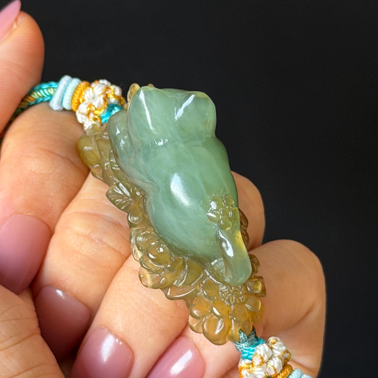Xiu Jade Serpentine Hand Carved Bird & Butterfly with Flower Charm Braided Bracelet: Natural Green and Yellow Jade Adjustable Bracelet 3D Stone Carving  adjustable bracelet woven bracelet rope 3D jade carving green jade yellow jade multicolour jade natural untreated jade handcrafted charm bead bracelet handmade bracelet butterfly carving flower carving hand engraved charm chinese braided bracelet vintage bracelet antique bracelet lucky rope cat lover gift birthday gift handcrafted bracelet