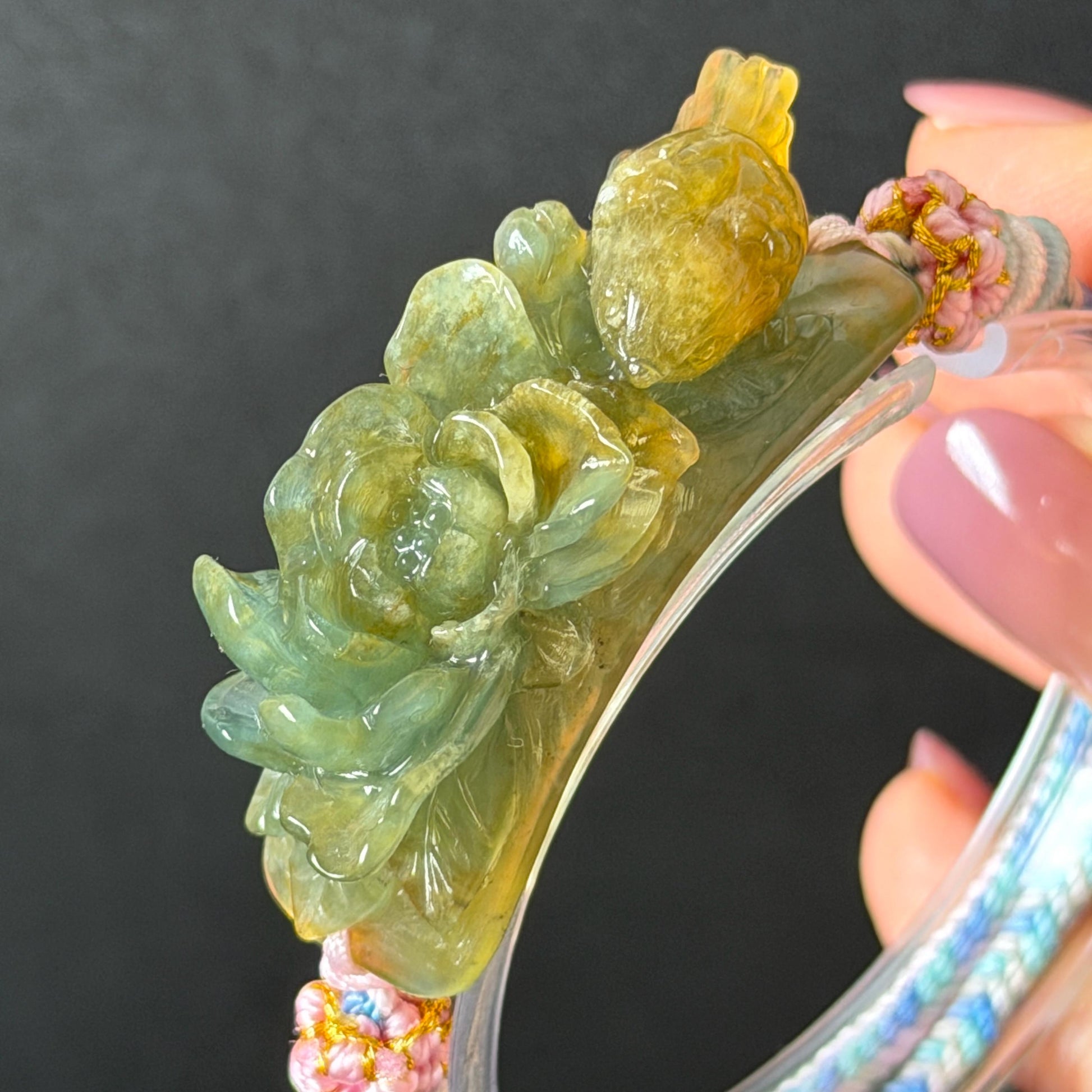 Natural Xiu Jade Serpentine Hand Carved Bird & Flower Charm Braided Bracelet: Green and Yellow Jade Adjustable Bracelet 3D Stone Carving adjustable bracelet woven bracelet rope 3D jade carving green jade yellow jade multicolour jade natural untreated jade handcrafted charm bead bracelet handmade bracelet bird carving flower carving hand engraved charm chinese braided bracelet vintage bracelet antique bracelet lucky rope peony carving
