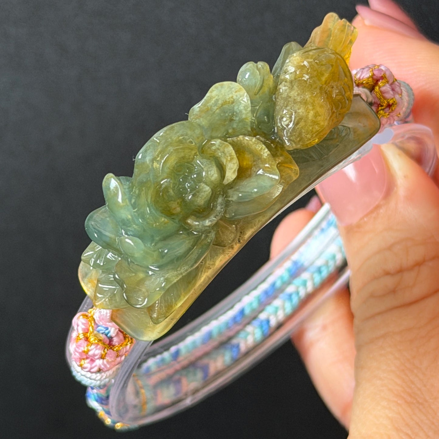 Natural Xiu Jade Serpentine Hand Carved Bird & Flower Charm Braided Bracelet: Green and Yellow Jade Adjustable Bracelet 3D Stone Carving adjustable bracelet woven bracelet rope 3D jade carving green jade yellow jade multicolour jade natural untreated jade handcrafted charm bead bracelet handmade bracelet bird carving flower carving hand engraved charm chinese braided bracelet vintage bracelet antique bracelet lucky rope peony carving